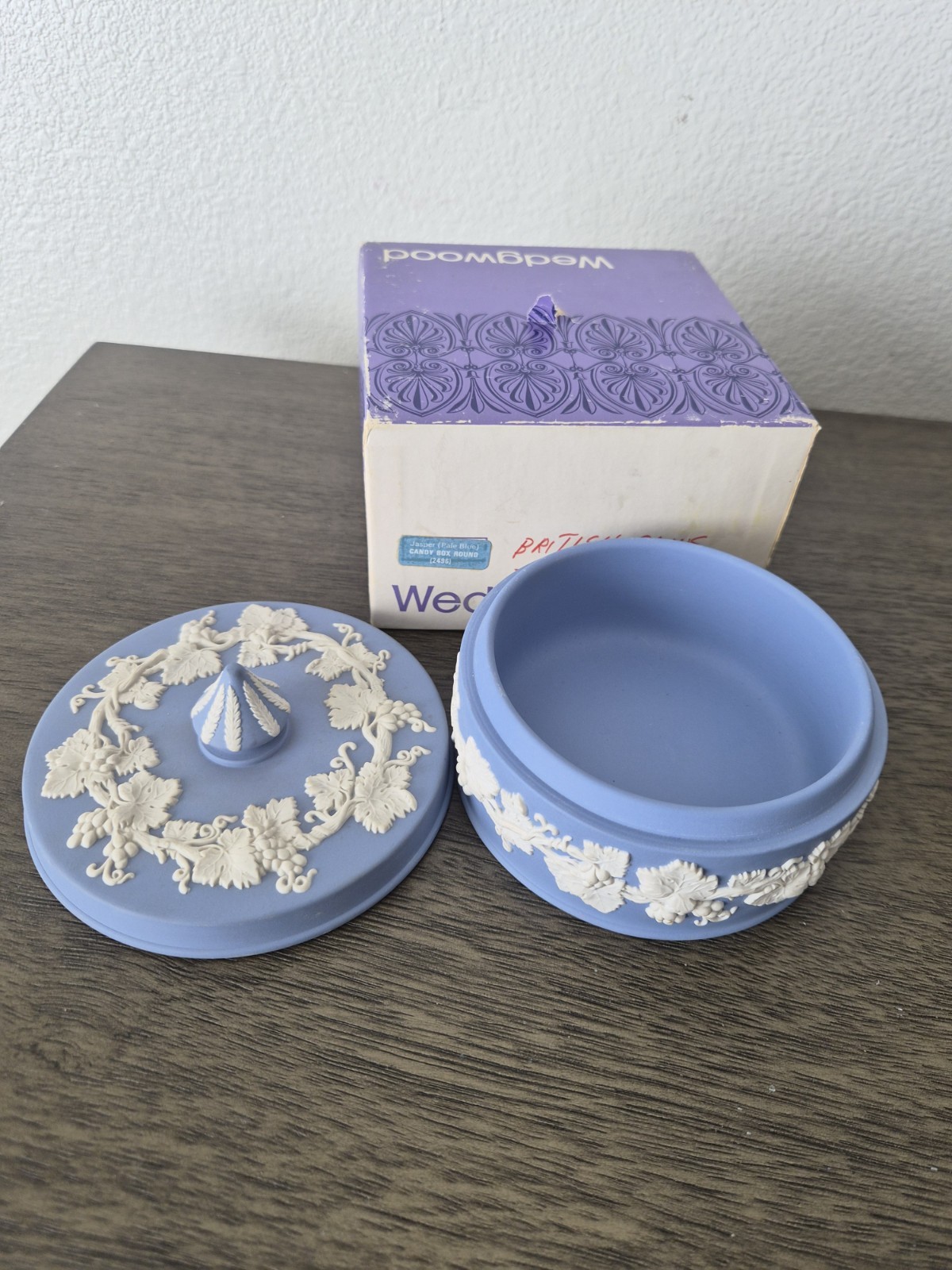 Vintage Wedgwood Blue Jasperware Grape Vine Candy Box w/ Original Box Vintage Wedgwood Blue Jasperware Grape Vine Candy Box w/ Original Box