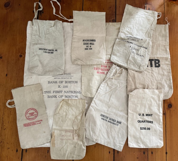 Lot of 10 Vintage Bank/Numismatic Canvas Bags - Empty - Mixed Designs - Used Lot of 10 Vintage Bank/Numismatic Canvas Bags - Empty - Mixed Designs - Used