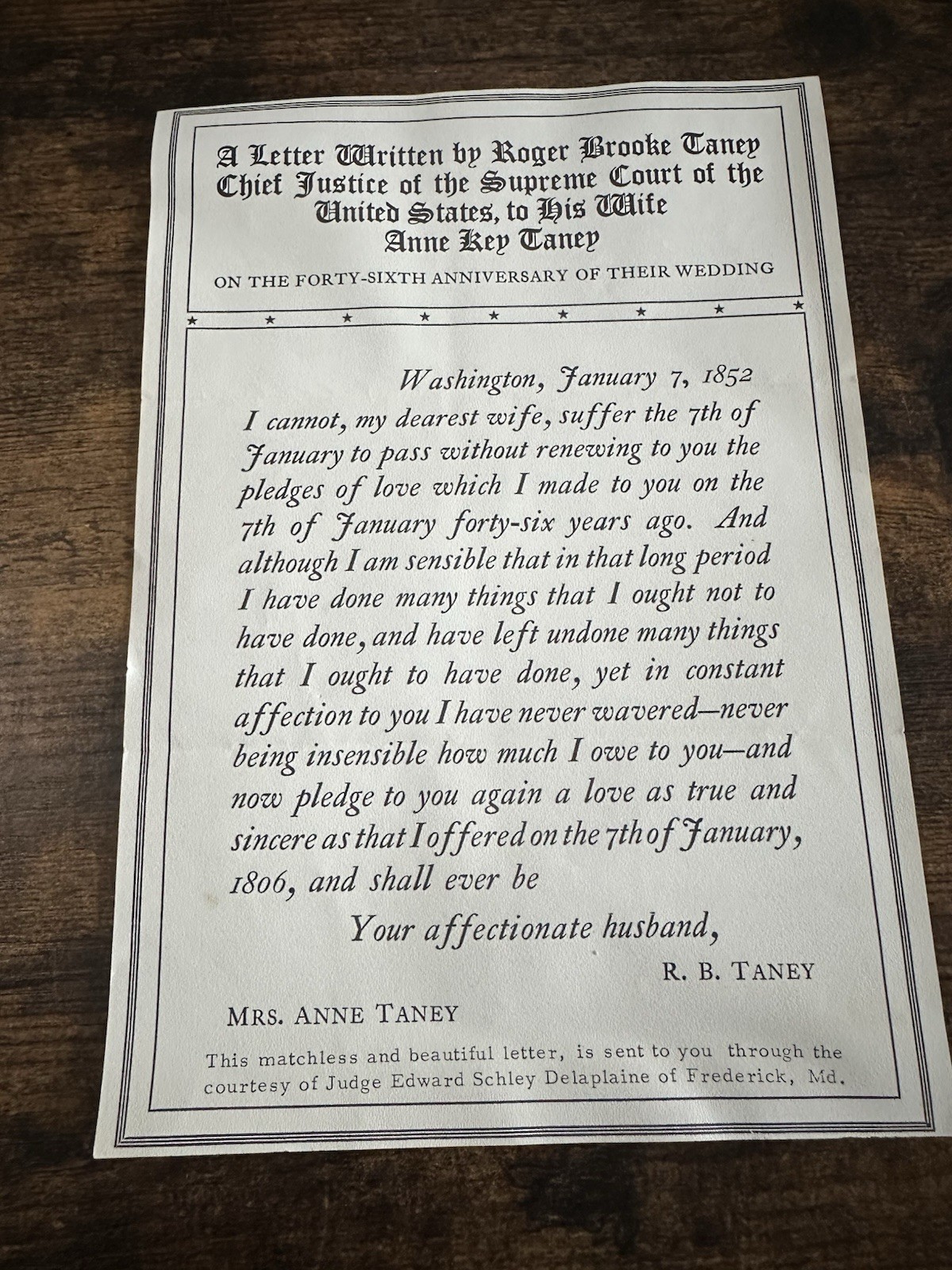 Roger Brooke Taney Letter Reprint Supreme Court Love Letter Ephemera Roger Brooke Taney Letter Reprint Supreme Court Love Letter Ephemera