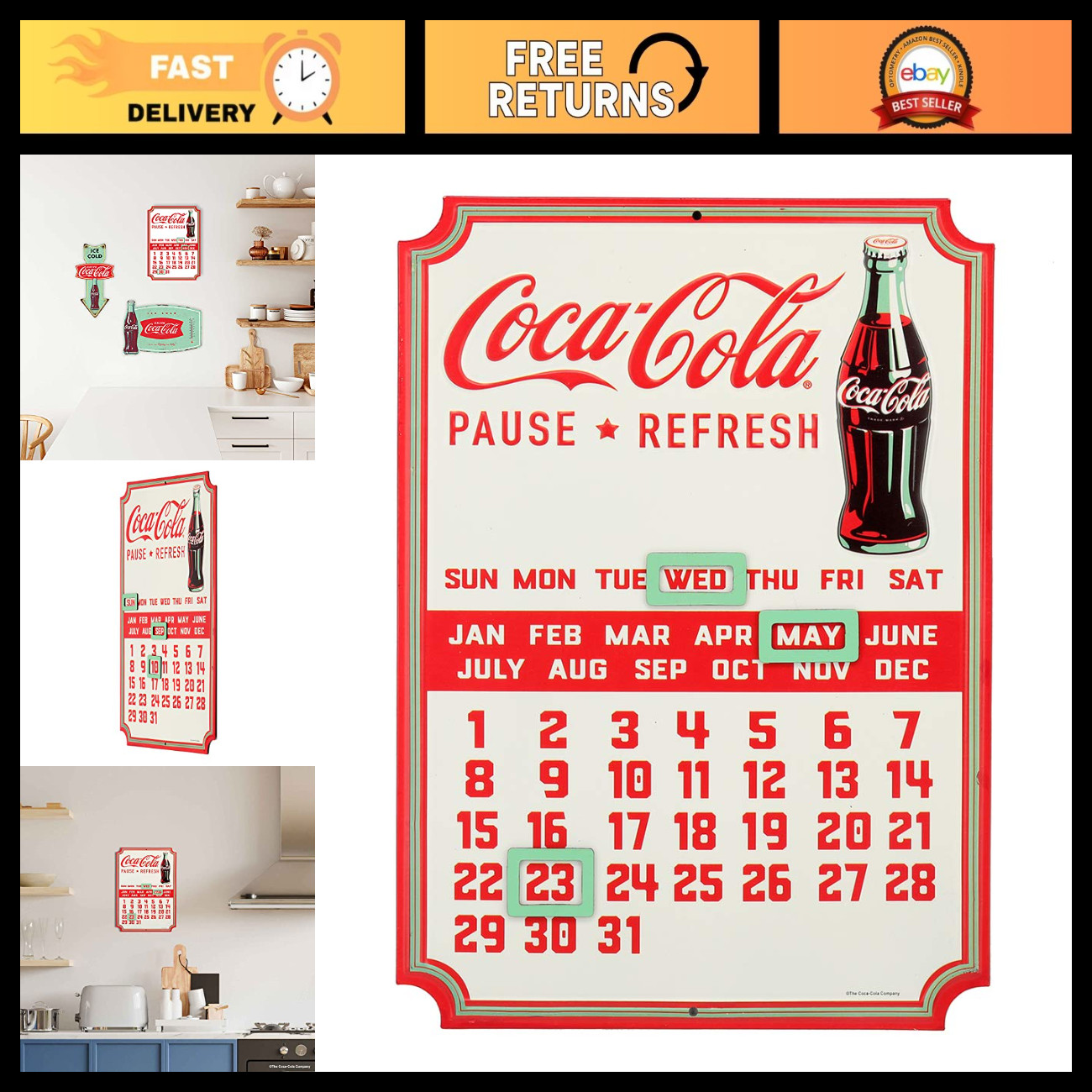 Vintage Embossed Metal Calendar - Coca-Cola Style Wall Decor, Retro Home Art Vintage Embossed Metal Calendar - Coca-Cola Style Wall Decor, Retro Home Art