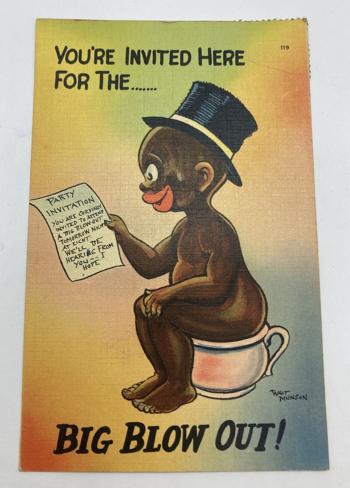 POSTCARD VINTAGE - You’re Invited Here For The… Big Blow Out Posted 1943 Comedy