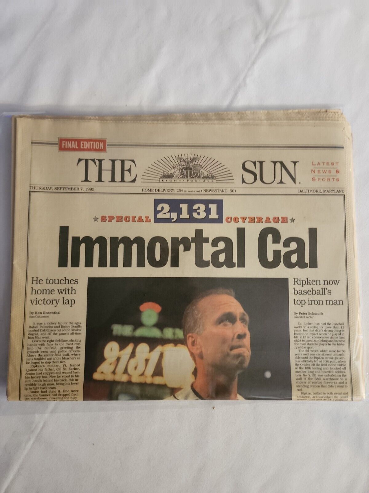 1995 September 7 The Sun Immortal Cal Ripkin Baseball Iron Orioles 2131  (MH50)