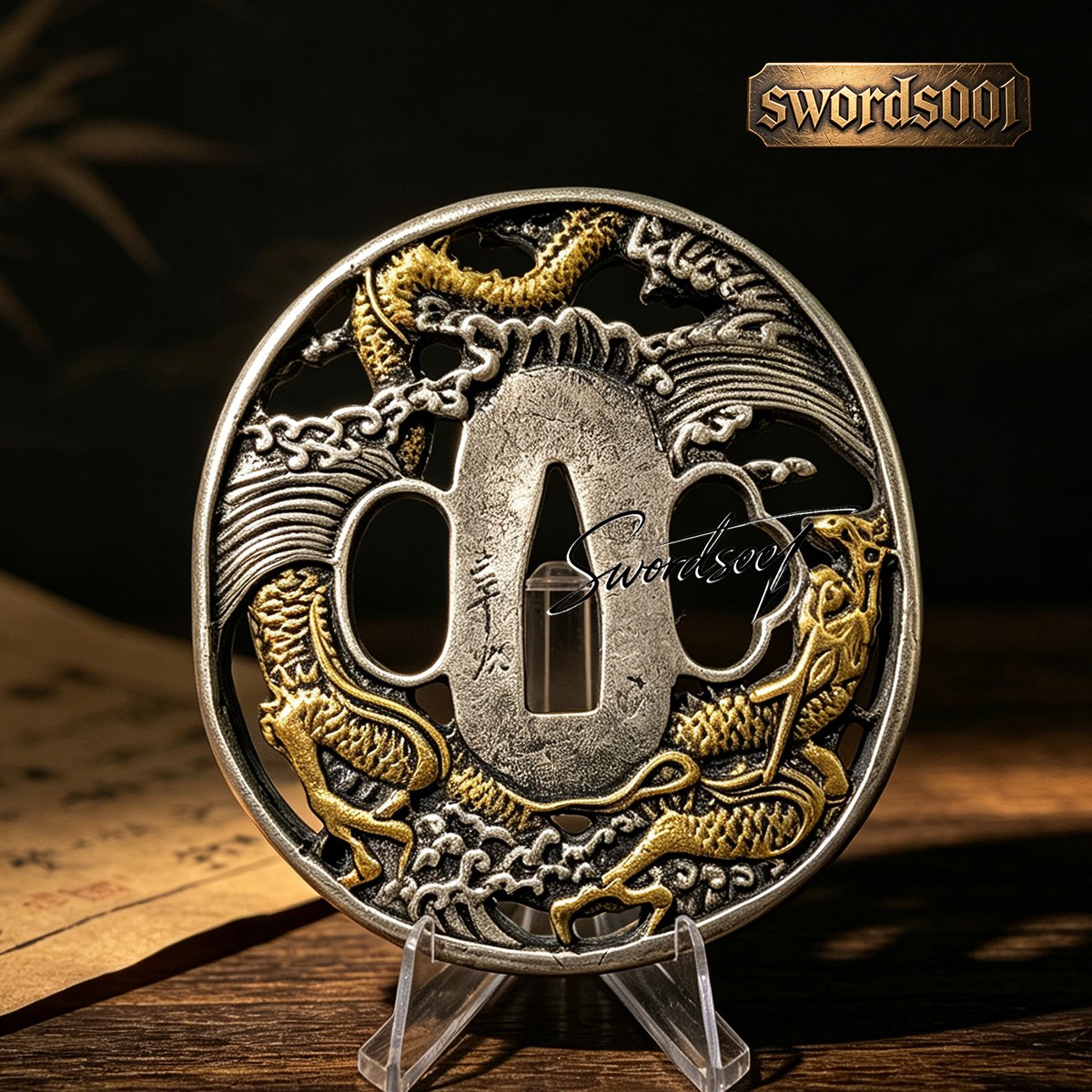 High Grade Gold Silver Plated Brass Tsuba Dragon Guard For Japanese Katana Sword High Grade Gold Silver Plated Brass Tsuba Dragon Guard For Japanese Katana Sword