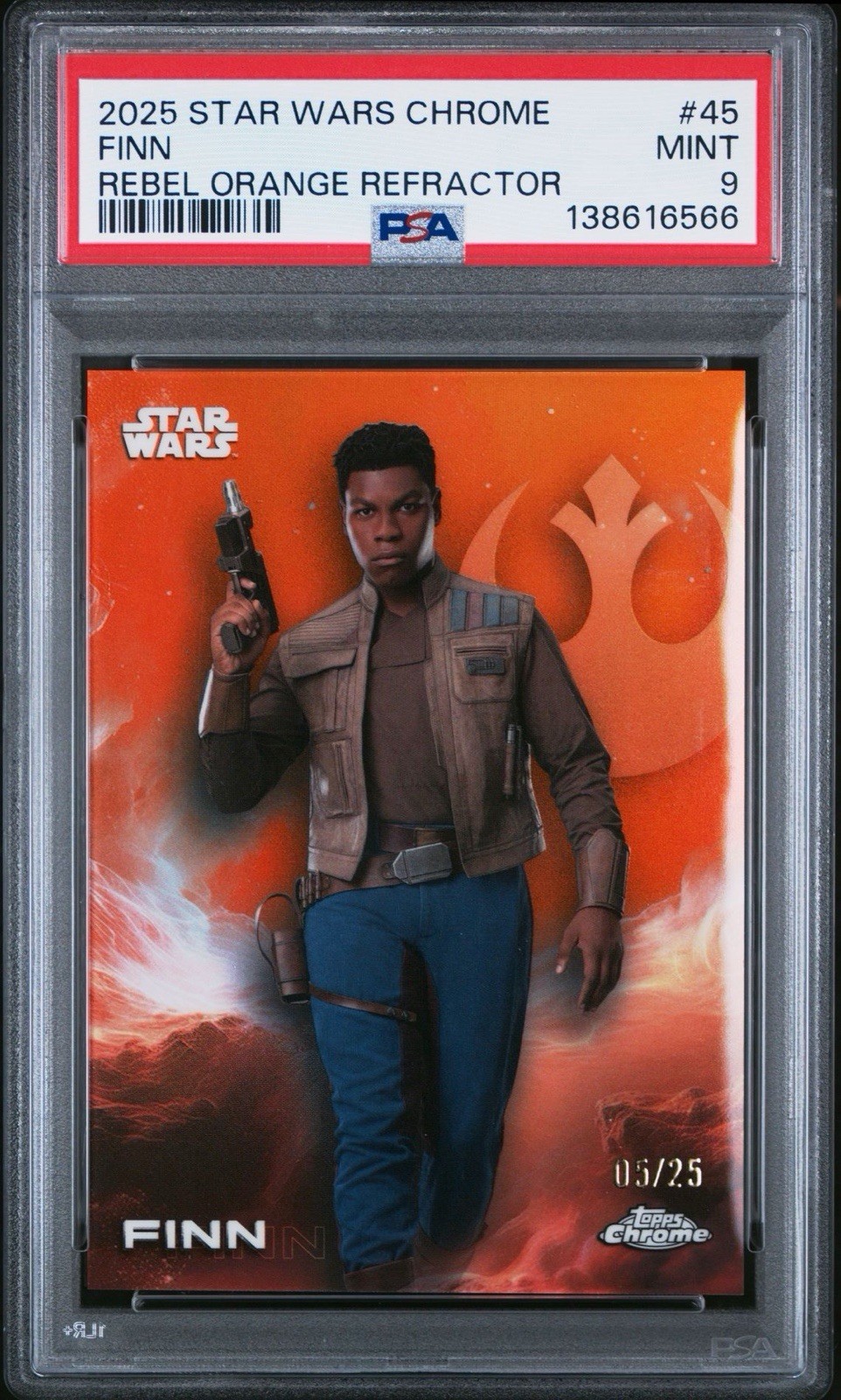 2025 Topps Chrome Star Wars Finn #45 Rebel Orange /25 PSA 9 POP 1 2025 Topps Chrome Star Wars Finn #45 Rebel Orange /25 PSA 9 POP 1