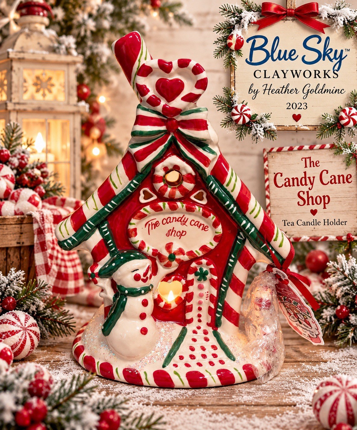 Blue Sky Clayworks Heather Goldminc 2023 The Candy Cane Shop Tea Candle Holder Blue Sky Clayworks Heather Goldminc 2023 The Candy Cane Shop Tea Candle Holder