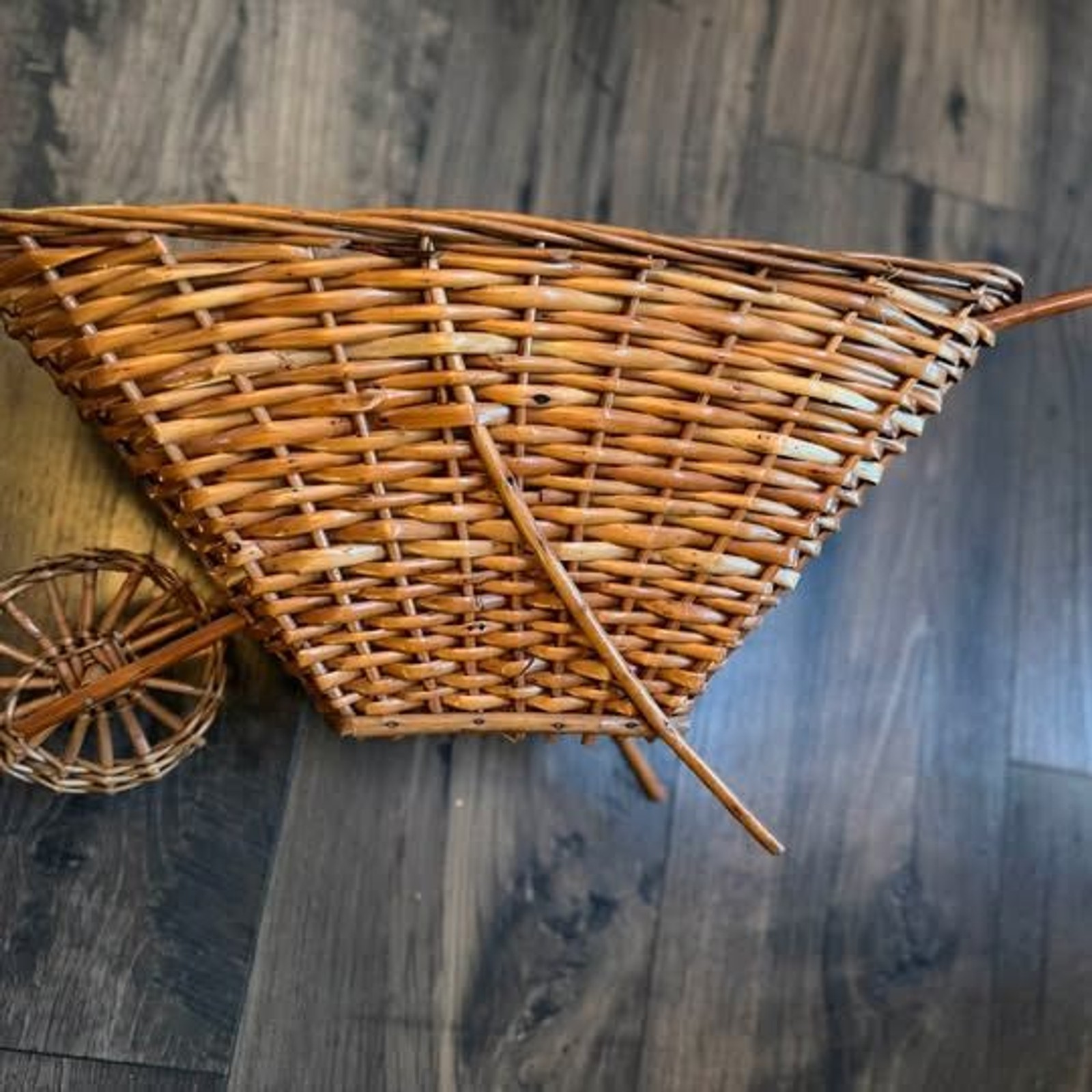 Vintage Wicker Wheelbarrow Basket Planter 16” Cottage Boho Decor