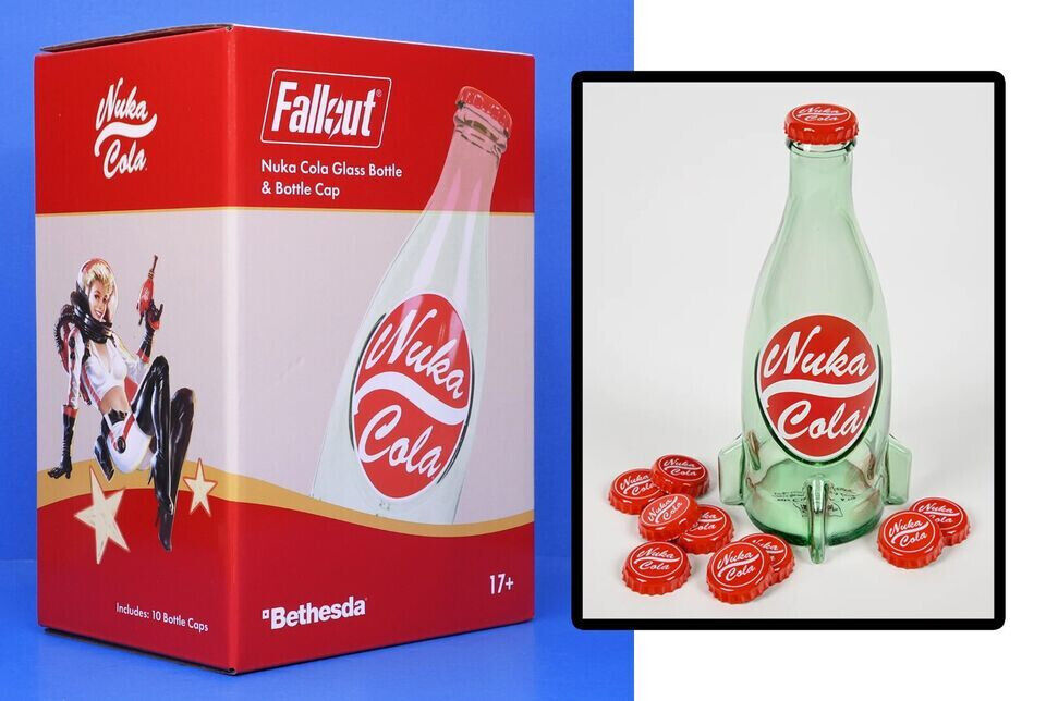 🚀 Official FALLOUT Nuka Cola Glass Bottle & 10 Bottle Caps NEW