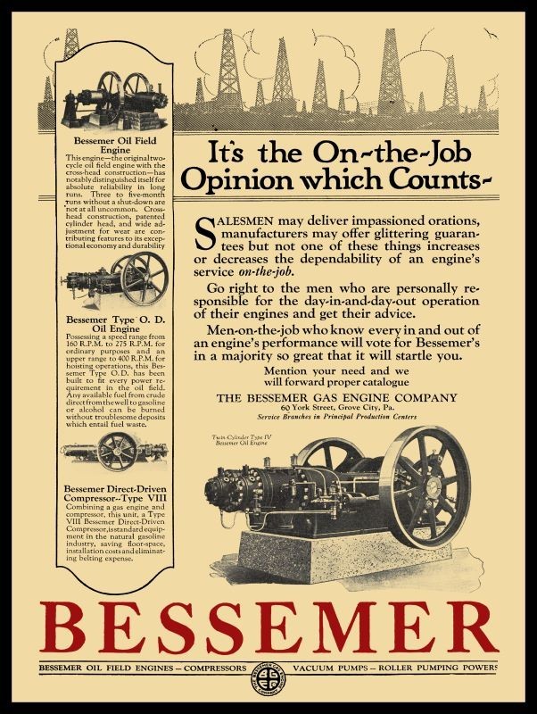 1922 Bessemer Gas Engines for Oil Field Jobs NEW Sign 24x30 1922 Bessemer Gas Engines for Oil Field Jobs NEW Sign 24x30