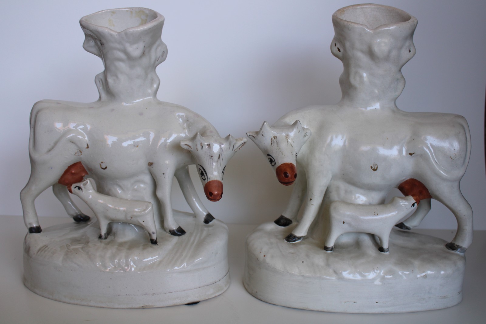 (2) Antique 19th Century Staffordshire Cow & Calf Porcelain Spill Vase (2) Antique 19th Century Staffordshire Cow & Calf Porcelain Spill Vase
