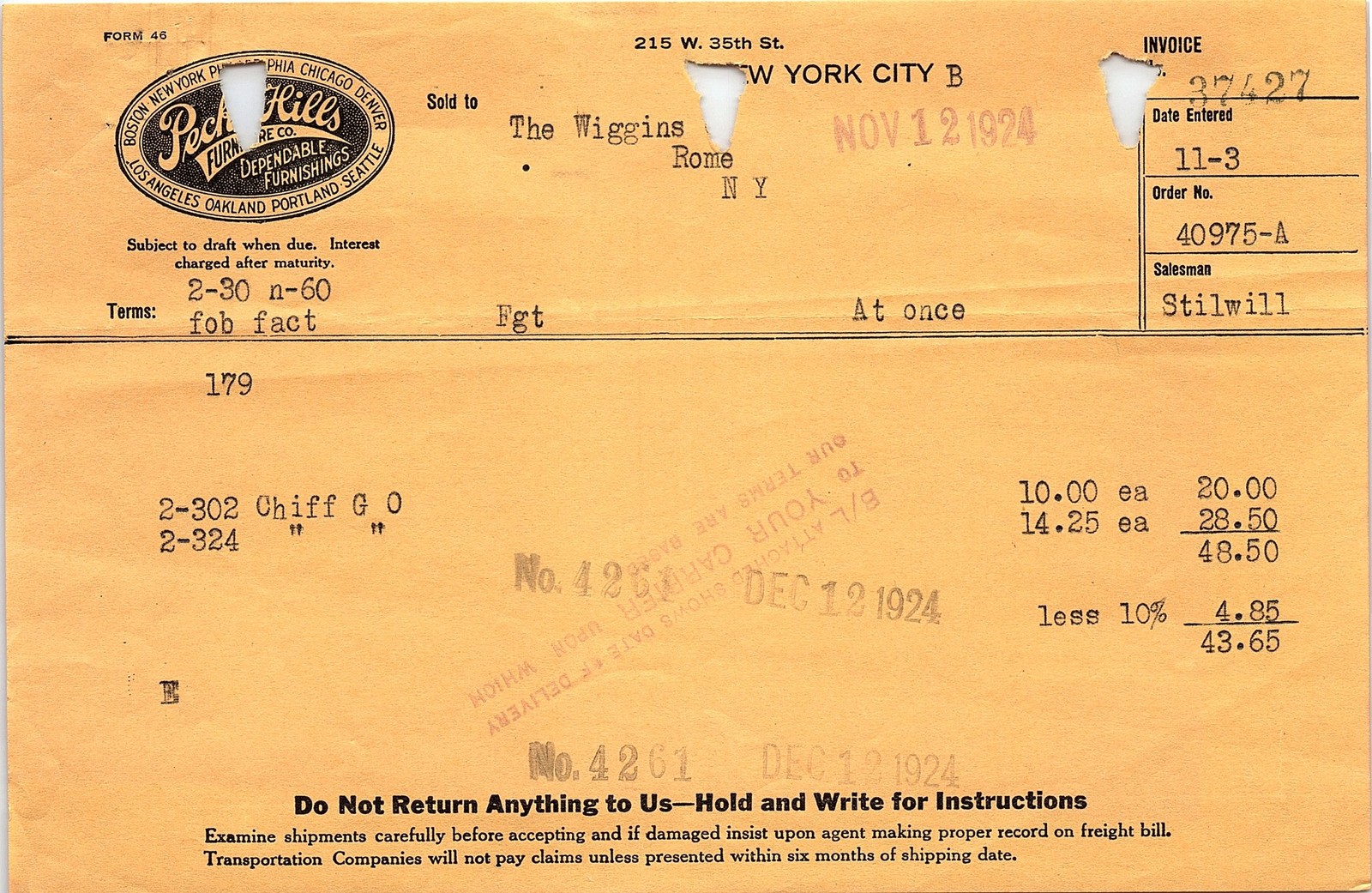 1924 Peck & Hills Furniture Co. NYC Invoice Billhead 1924 Peck & Hills Furniture Co. NYC Invoice Billhead