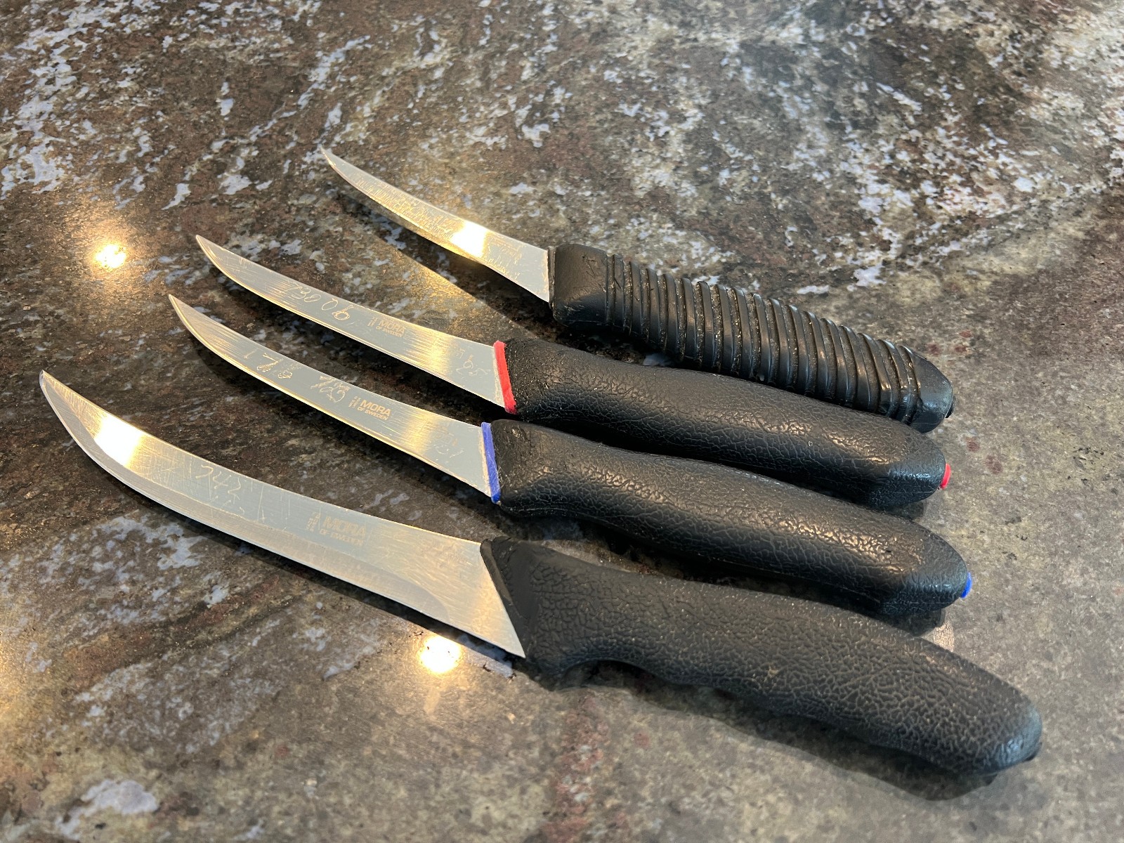 Vintage Mora of Sweden Butcher Boning Knife Set 4 Pc Carbon Steel Sweden Made Vintage Mora of Sweden Butcher Boning Knife Set 4 Pc Carbon Steel Sweden Made