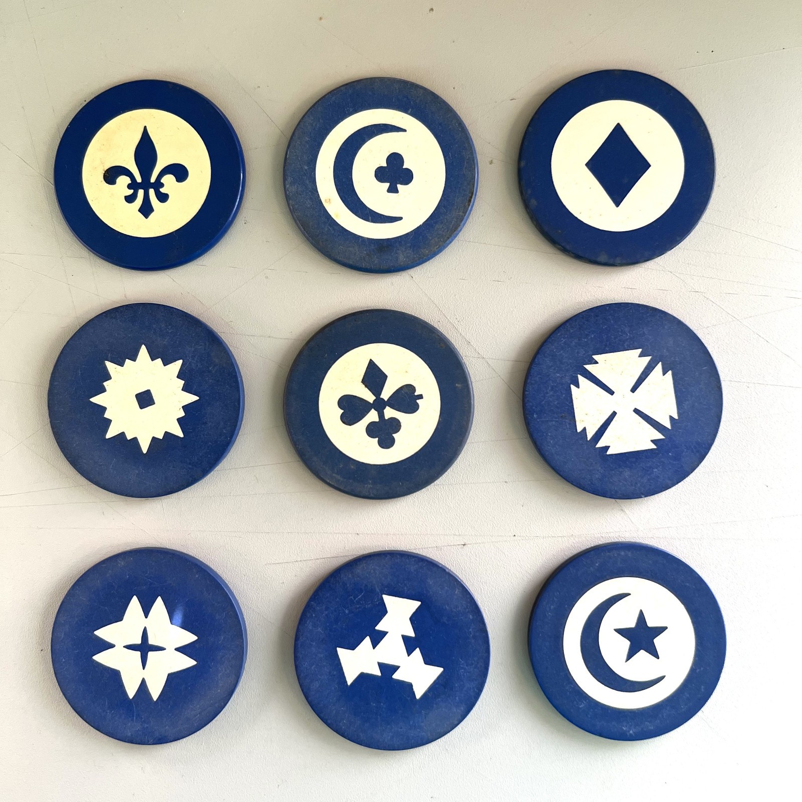 Vintage Antique Inlaid Poker Chip Collection in Six Colors, 54 Different Vintage Antique Inlaid Poker Chip Collection in Six Colors, 54 Different