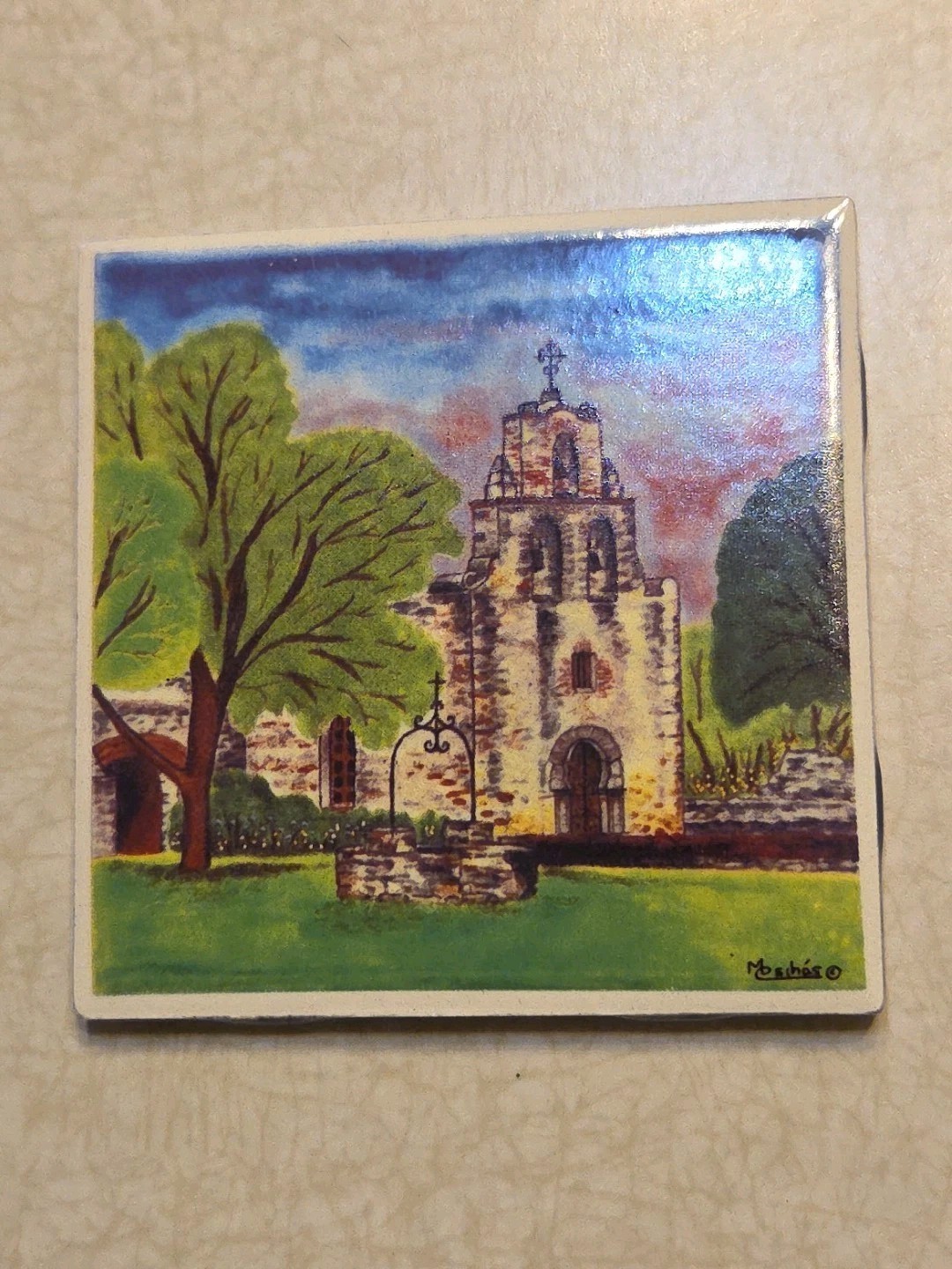 San Antonio Mission Espada Hand Painted Glass Tile Magda L Csihas 4.25\ San Antonio Mission Espada Hand Painted Glass Tile Magda L Csihas 4.25\