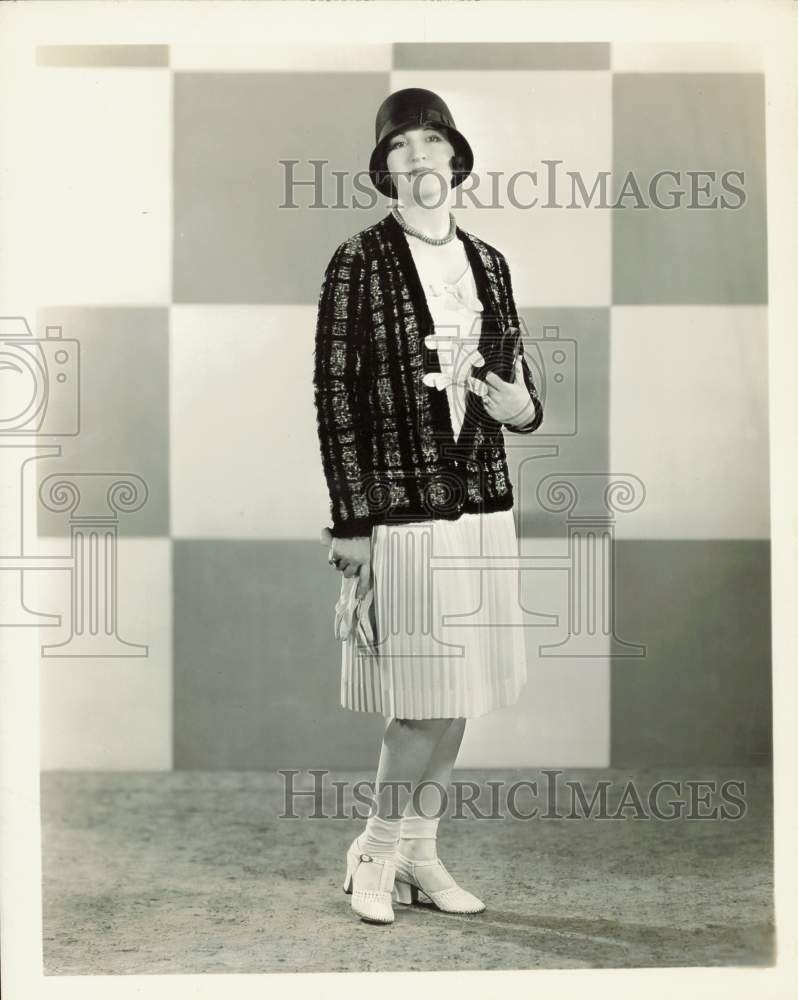 1929 Press Photo Julia Faye models a pleated dress with jacket and cloche hat 1929 Press Photo Julia Faye models a pleated dress with jacket and cloche hat