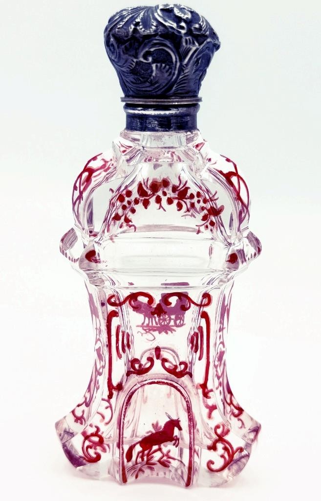 1800s Antique French-Waist, Red & Clear, Cut-Glass Perfume Bottle Horse & Buggy 1800s Antique French-Waist, Red & Clear, Cut-Glass Perfume Bottle Horse & Buggy