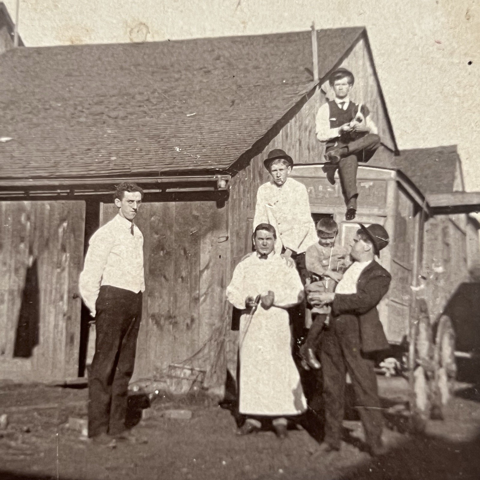Antique Group Photograph On Board Outside Dog Boy On Meat Wagon Occupational Man Antique Group Photograph On Board Outside Dog Boy On Meat Wagon Occupational Man