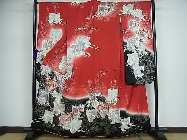 Vintage Japanese Red Silk Furisode Kimono, Imperial Ox Carts, Chrysanthemum & Pl Vintage Japanese Red Silk Furisode Kimono, Imperial Ox Carts, Chrysanthemum & Pl