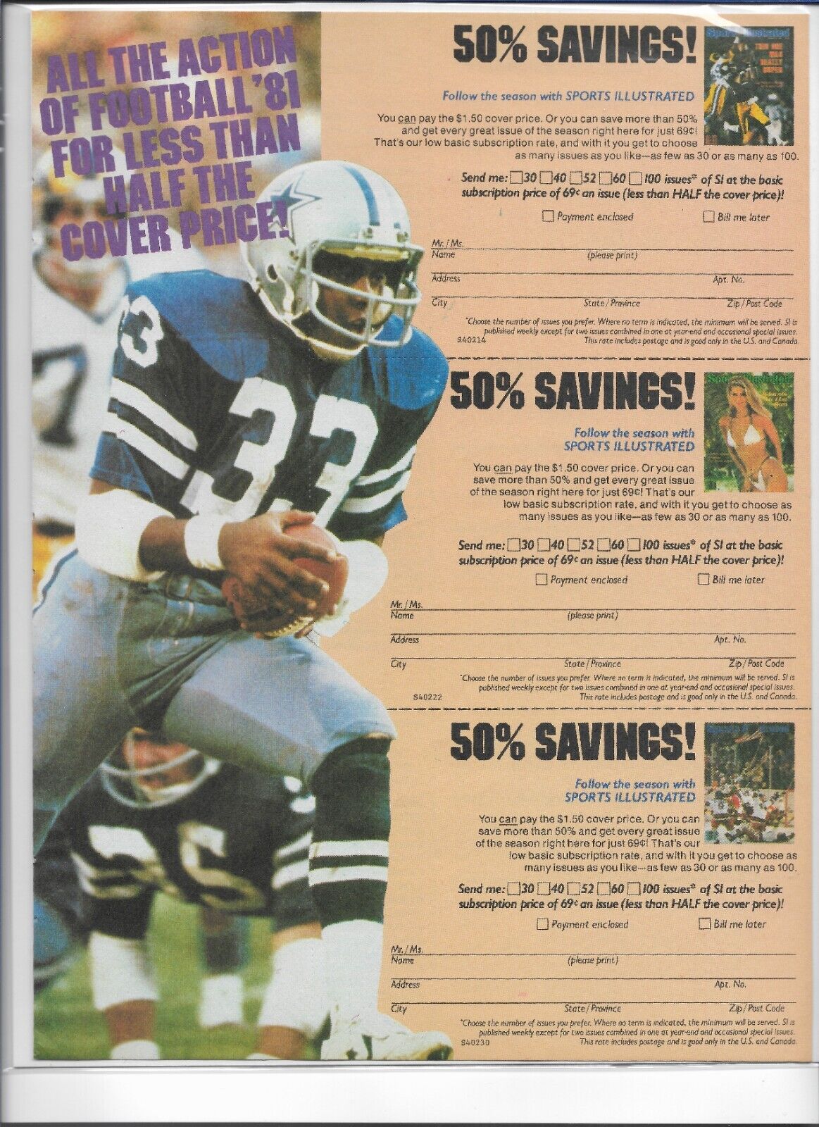 1981 Tony Dorsett Sports Illustrated Subscription Inserts Magazine Ad - 8x11