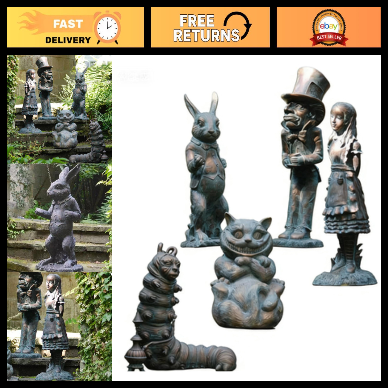 5-Piece Alice in Wonderland Outdoor Garden Statues Set - Whimsical Decor 5-Piece Alice in Wonderland Outdoor Garden Statues Set - Whimsical Decor
