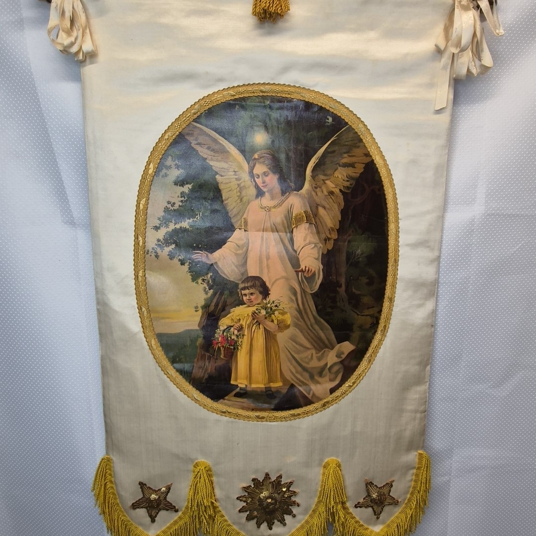 Antique 19th Century Handmade Silk Guardian Angel Catholic Banner Shrine Sacred Antique 19th Century Handmade Silk Guardian Angel Catholic Banner Shrine Sacred