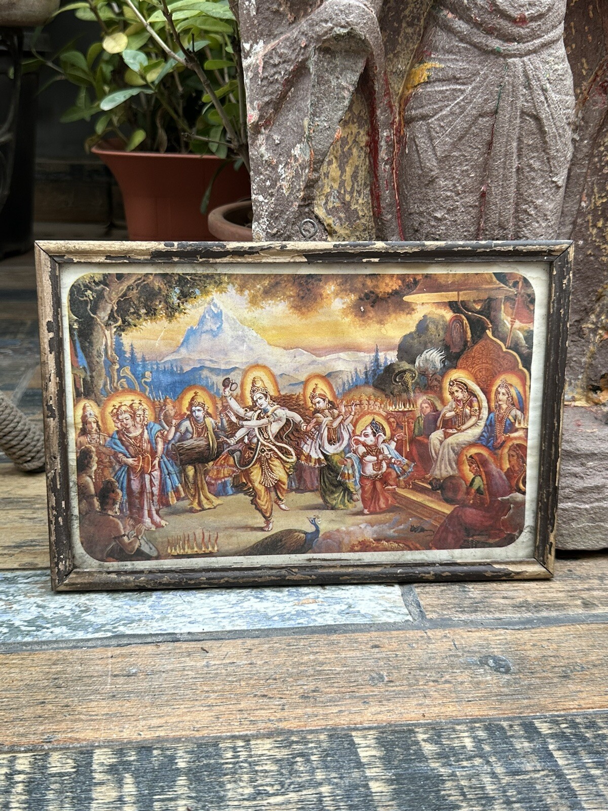 Ancient Rare Print Of Hindu God Shiva Dancing Old Religious Frame