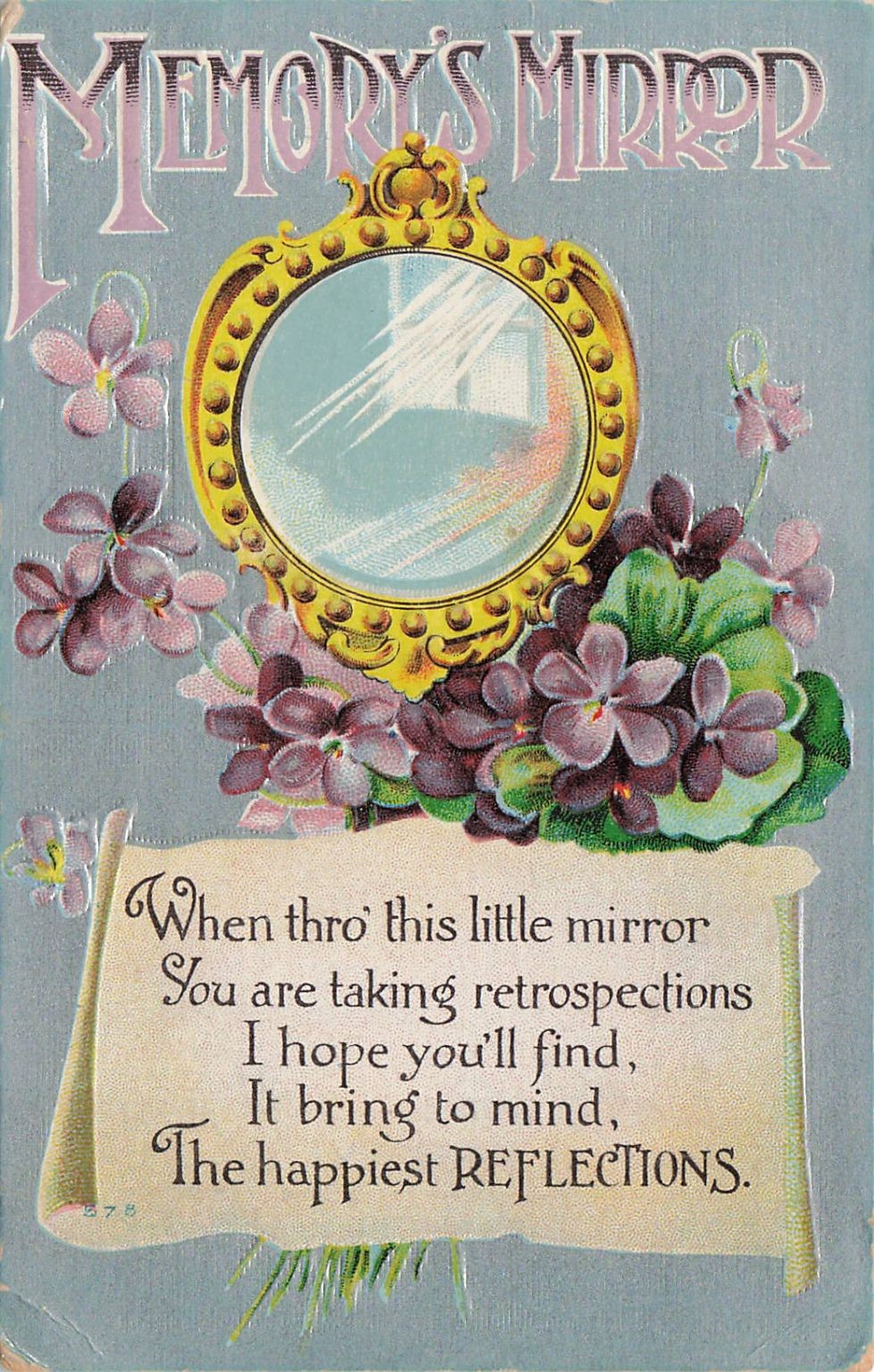 Memory's Mirror Violets Gold Frame Poem Antique Postcard 1911 Johnstown NY