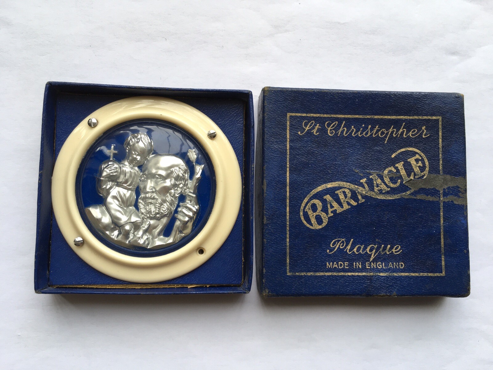 SCARCE C1930s-40s VINTAGE UNUSED BARNACLE ST CHRISTOPHER PLAQUE IN ORIGINAL BOX SCARCE C1930s-40s VINTAGE UNUSED BARNACLE ST CHRISTOPHER PLAQUE IN ORIGINAL BOX