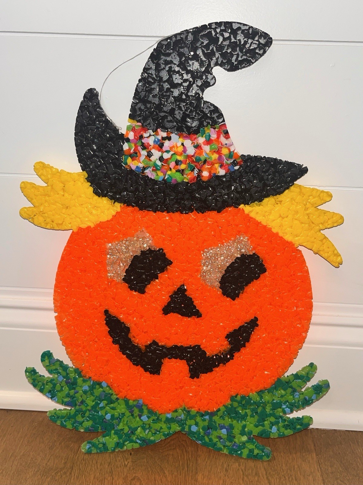Vintage Melted Plastic Popcorn Halloween Jack O Lantern Wall Decor 16” X 12” Vintage Melted Plastic Popcorn Halloween Jack O Lantern Wall Decor 16” X 12”