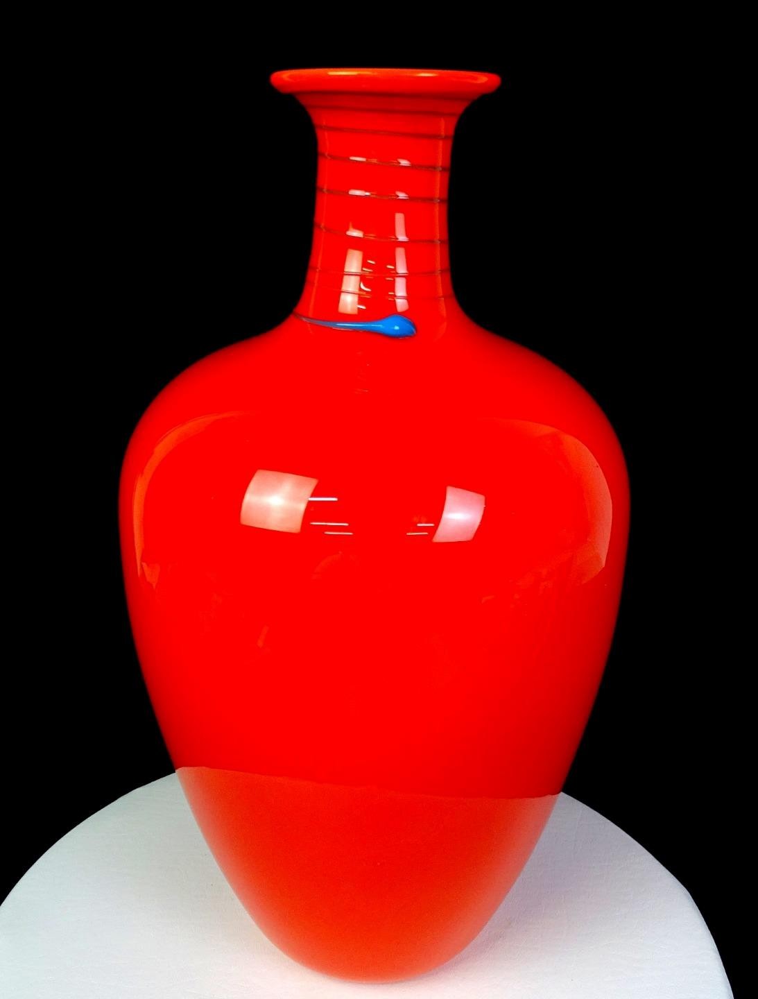 Jennifer Holmes Signed #2537 Pilchuck Art Glass Red & Turquoise 16 1/2