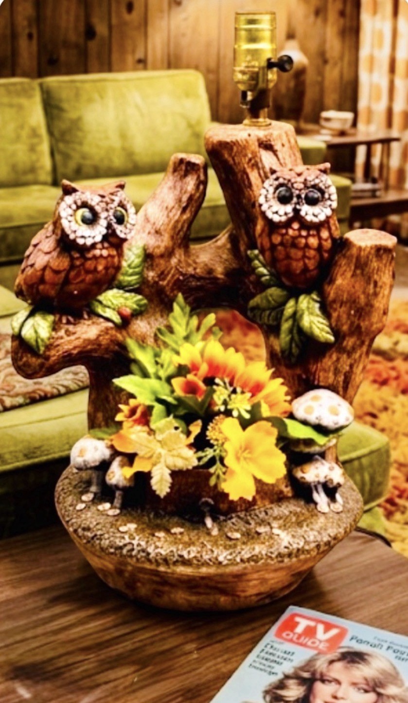 Vtg Chalkware Owl And Mushroom Tree Trunk Lamp & Planter Florentine Art 16”X9” Vtg Chalkware Owl And Mushroom Tree Trunk Lamp & Planter Florentine Art 16”X9”