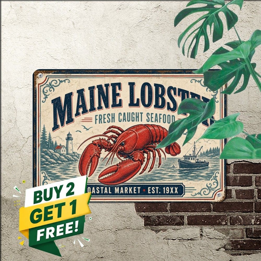 Fresh Maine Lobster Ocean Seafood Market Kitchen Plaque Retro Metal Tin Sign