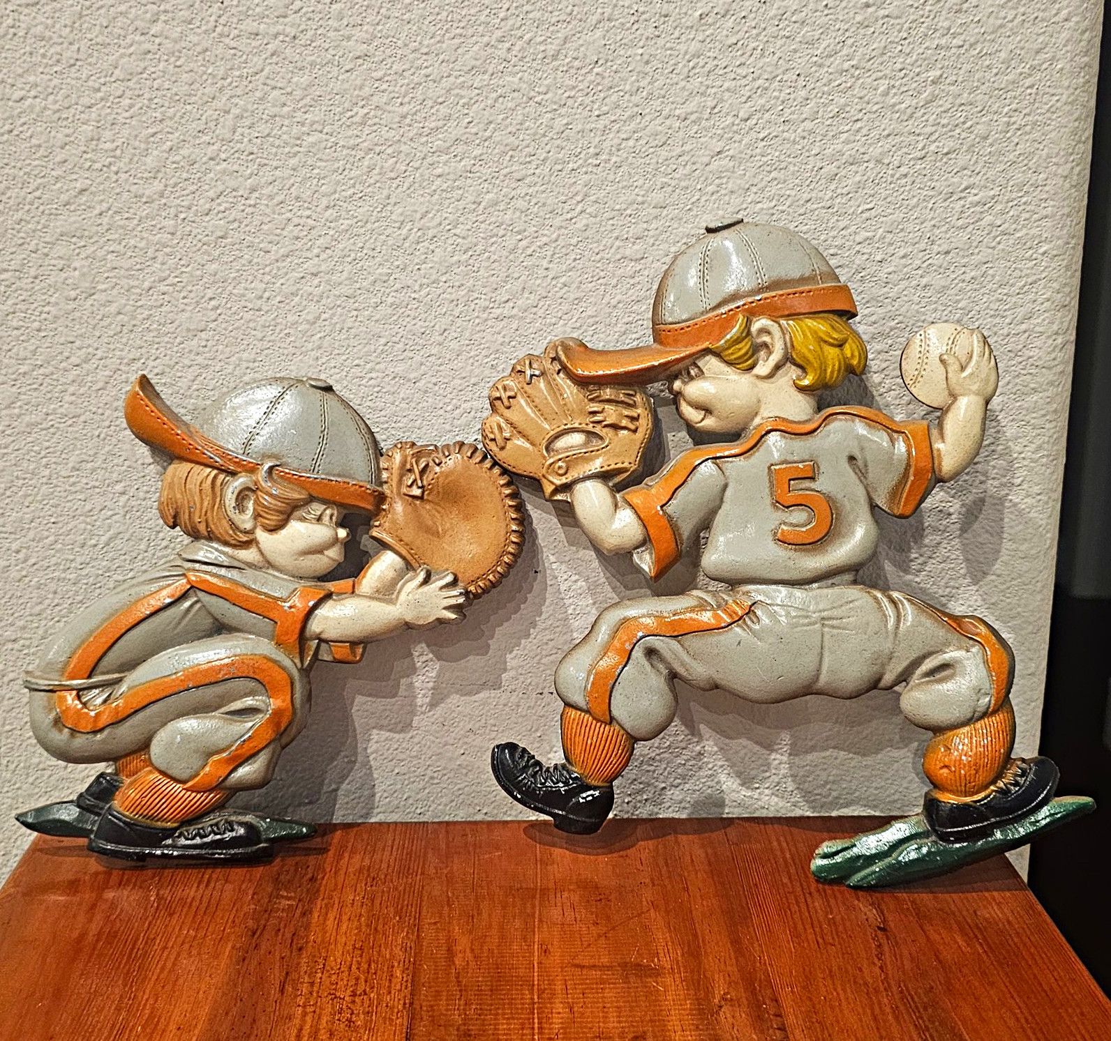 Vintage 1970s Sexton Baseball Player Wall Plaque Set 3D Cast Metal Sports Decor Vintage 1970s Sexton Baseball Player Wall Plaque Set 3D Cast Metal Sports Decor