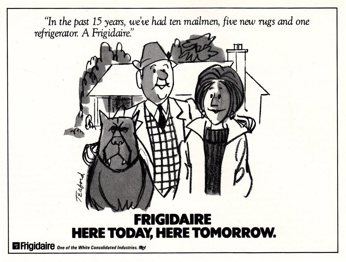 1981 Frigidaire: Ten Mailmen, Five New Rugs, One Refri Vintage Print Ad