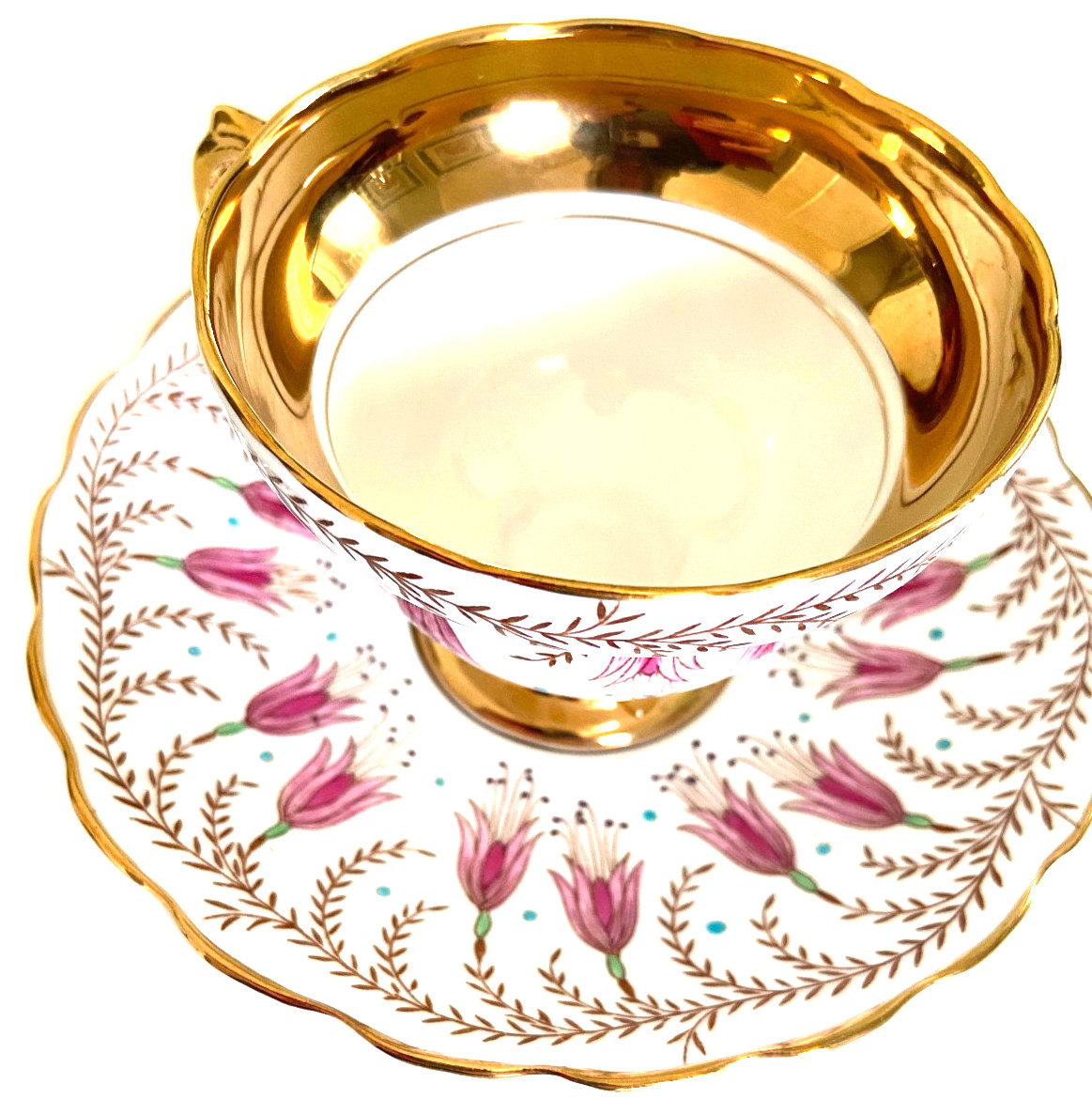 Exquisite Vtg Rosina Bone China Teacup Saucer Floral Wide Band Gold Trim UK Exquisite Vtg Rosina Bone China Teacup Saucer Floral Wide Band Gold Trim UK