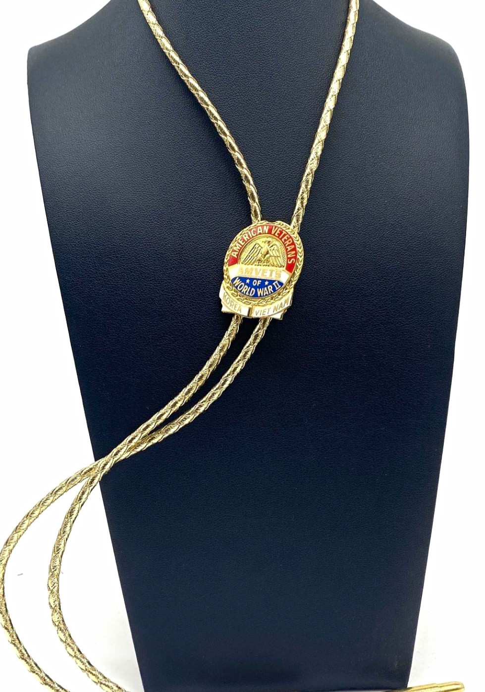 Vintage AMVETS WWII Korea Vietnam Veterans Bolo Tie Gold Tone Enamel Vintage AMVETS WWII Korea Vietnam Veterans Bolo Tie Gold Tone Enamel