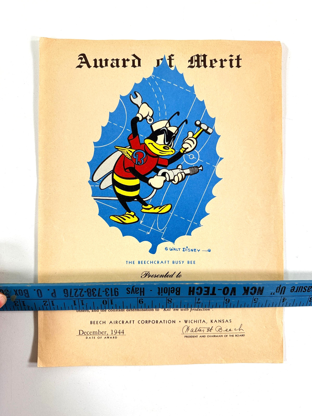 RARE 1944 Walt Disney Beechcraft Beech Busy Bee Award of Merit wichita ks ww2