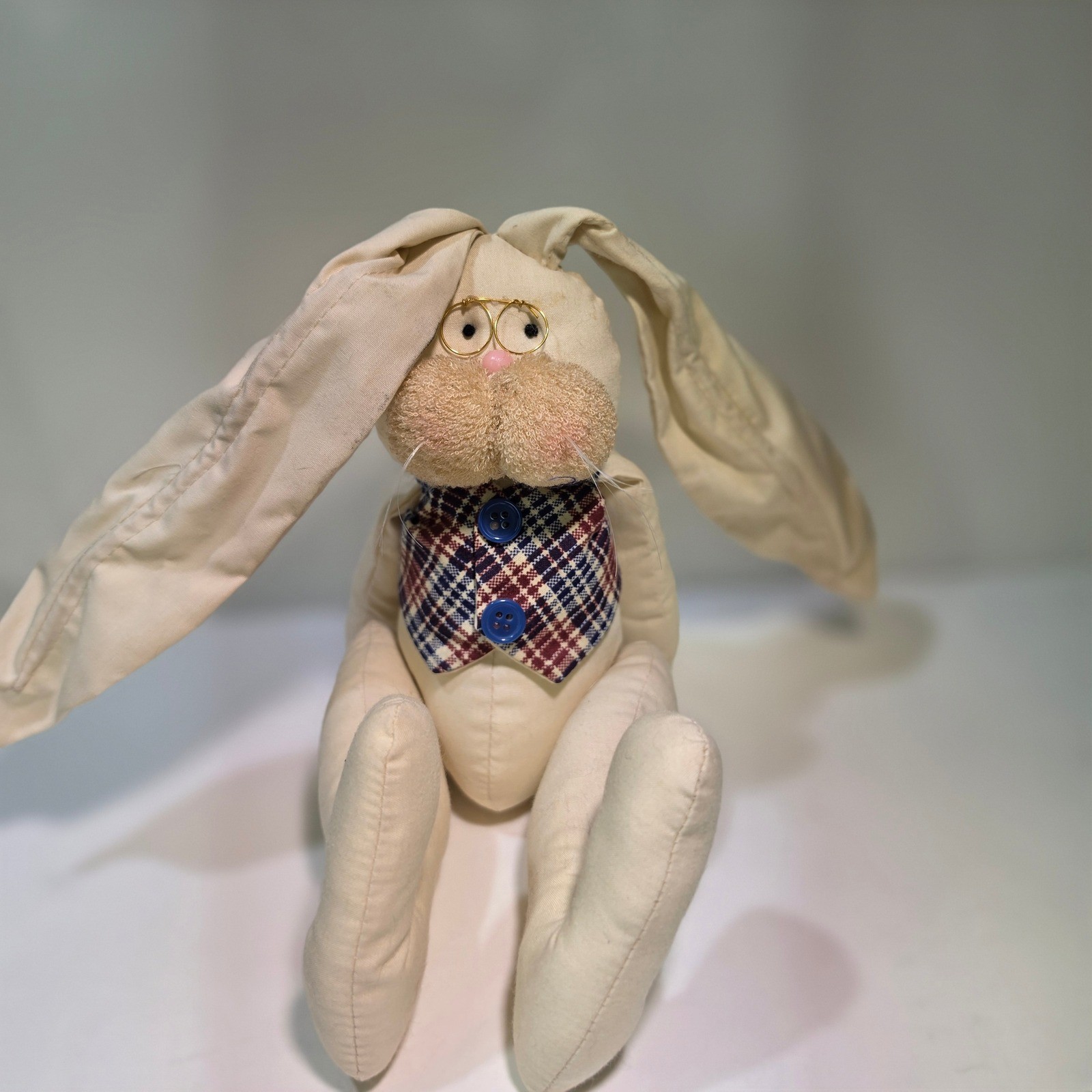 Vtg Country Fabric Bunny Rabbit Plush Glasses Plaid Vest Poseable Ears Doll 14\ Vtg Country Fabric Bunny Rabbit Plush Glasses Plaid Vest Poseable Ears Doll 14\