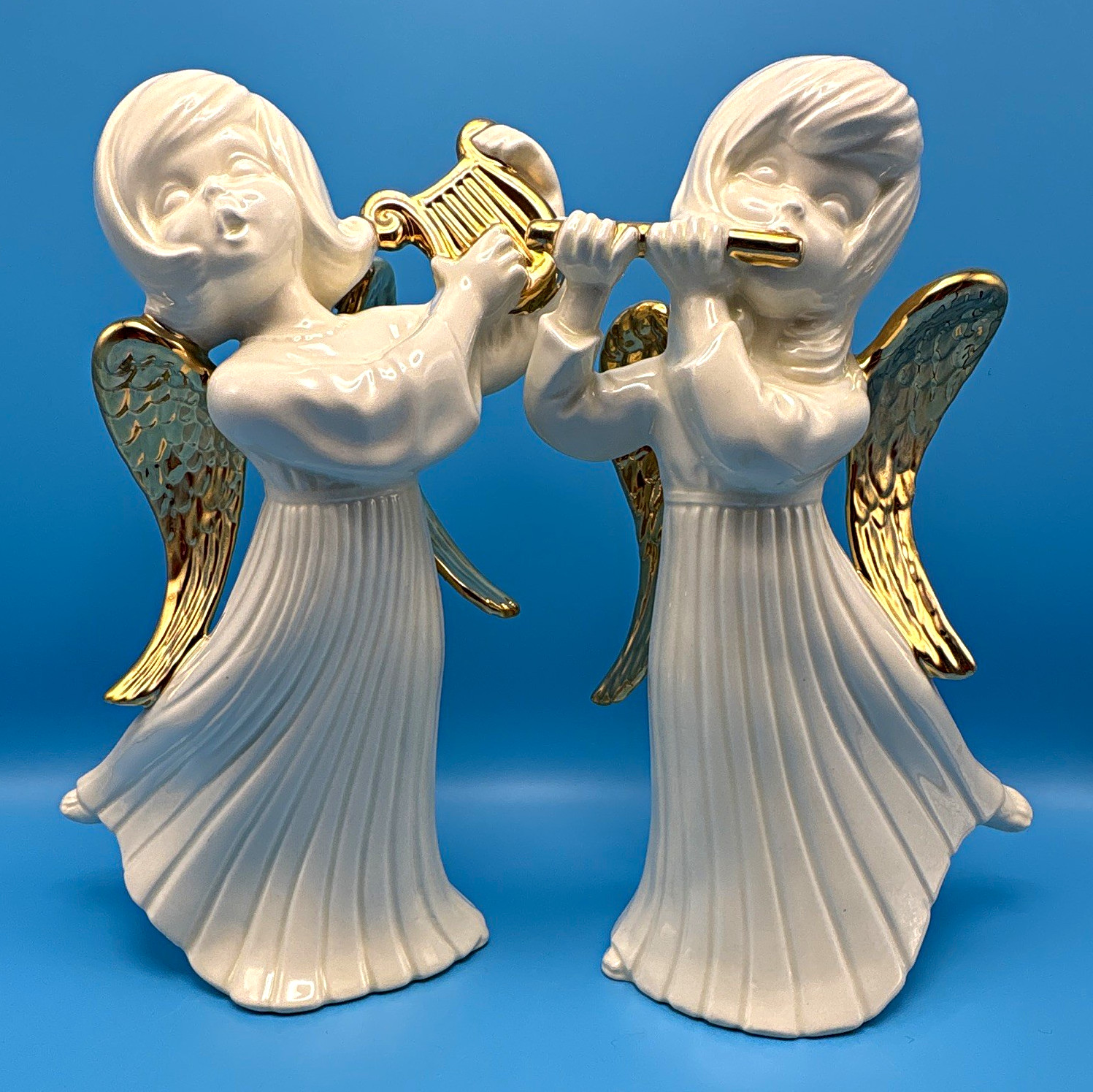 Vintage 1981 Atlantic Mold Ceramic Musical Angels Harp Flute Gold Wings Pair Vintage 1981 Atlantic Mold Ceramic Musical Angels Harp Flute Gold Wings Pair