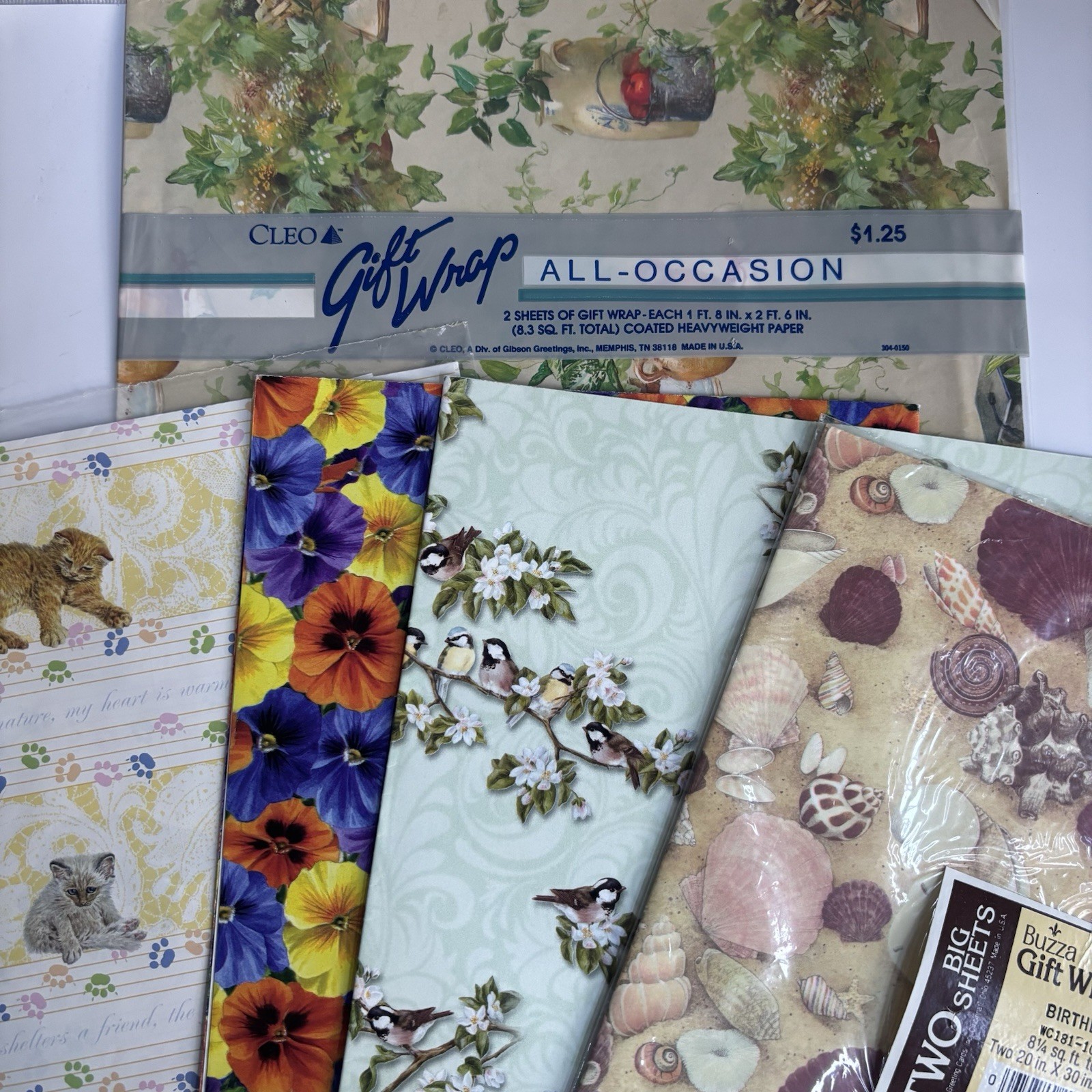Vintage 80s Gift Wrap Sheets Cleo And Misc Cat Apples Pansies Birds Shells Vintage 80s Gift Wrap Sheets Cleo And Misc Cat Apples Pansies Birds Shells