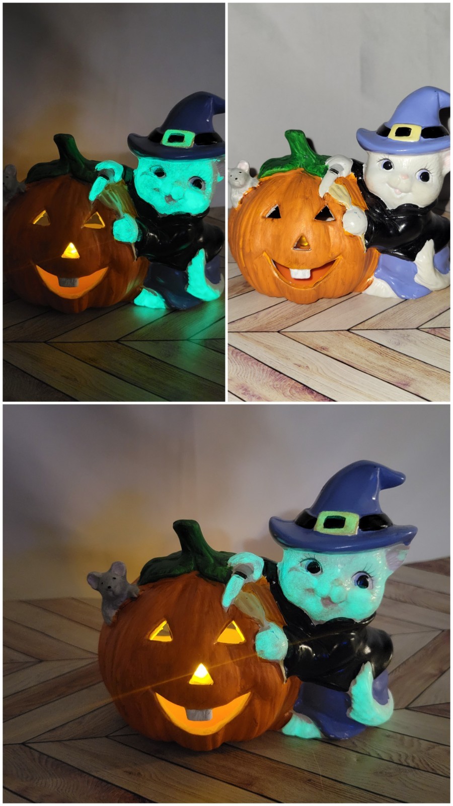 Vintage Hand Painted Ceramic Halloween Lighted Jack O Lantern with Kitty 4.5inch Vintage Hand Painted Ceramic Halloween Lighted Jack O Lantern with Kitty 4.5inch