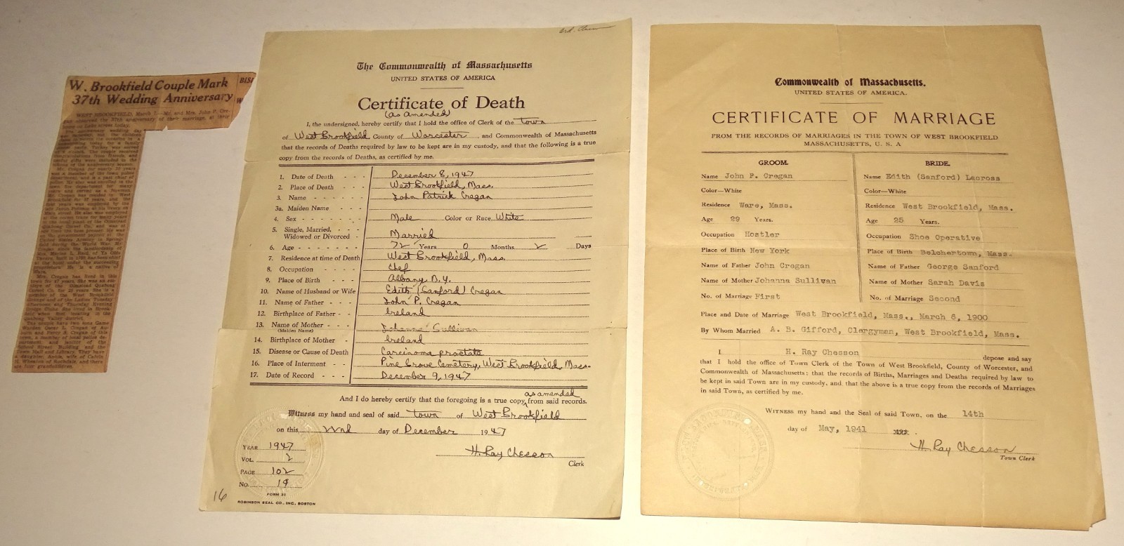 Vintage 1900-1947 W. Brookfield MA Genealogic Archive Marriage Death Certificate Vintage 1900-1947 W. Brookfield MA Genealogic Archive Marriage Death Certificate