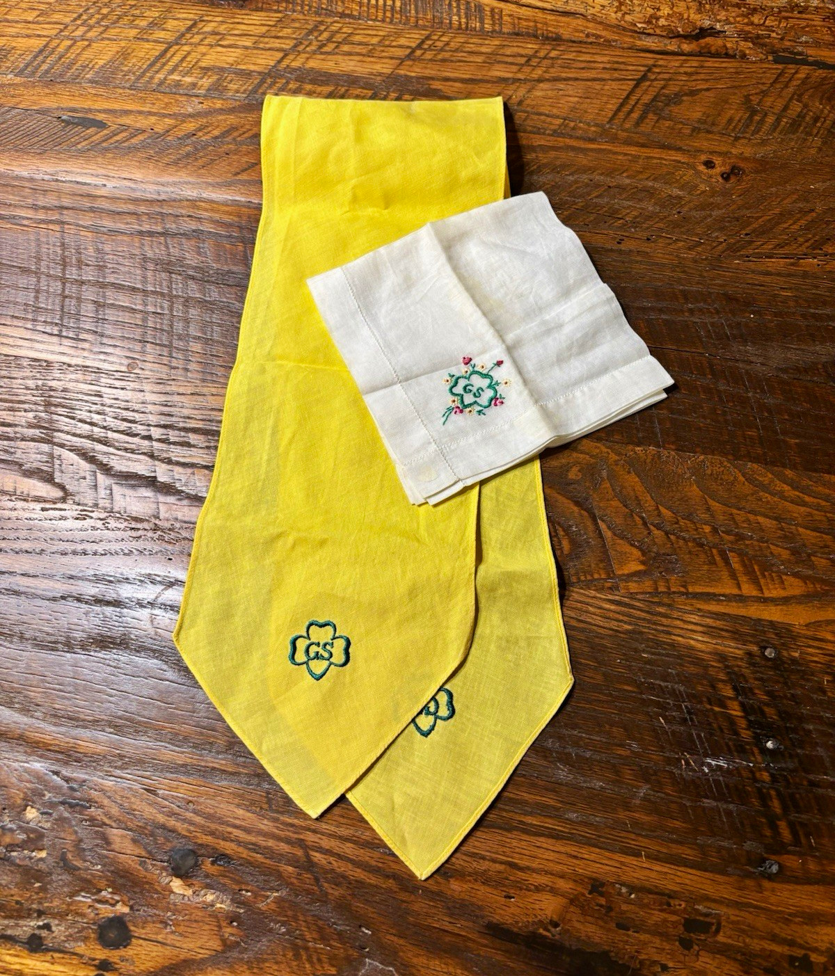 Vintage 1950’s Girl Scouts Embroidered Yellow Scarf & White Handkerchief Vintage 1950’s Girl Scouts Embroidered Yellow Scarf & White Handkerchief