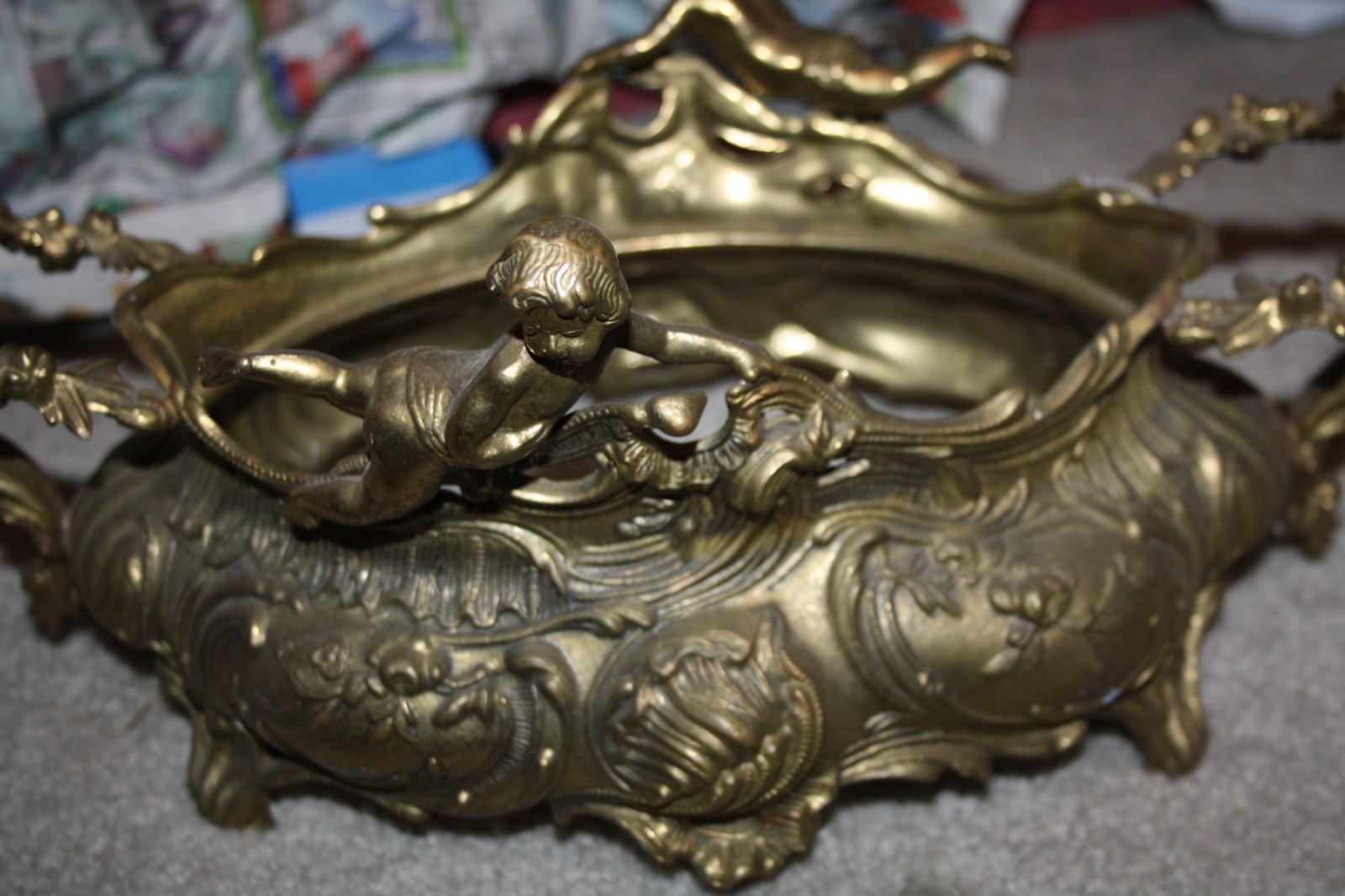 Vtg Heavy Brass Italian French Style Rococo Jardiniere Planter cherubs No liner