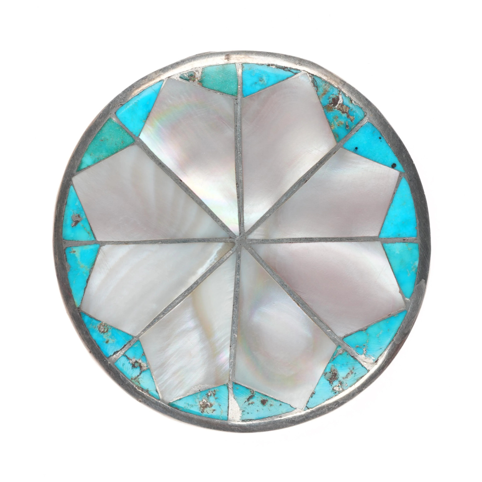 c1950\'s Vintage Zuni sterling silver turquoise/mother of pearl inlay pin/brooch c1950\'s Vintage Zuni sterling silver turquoise/mother of pearl inlay pin/brooch