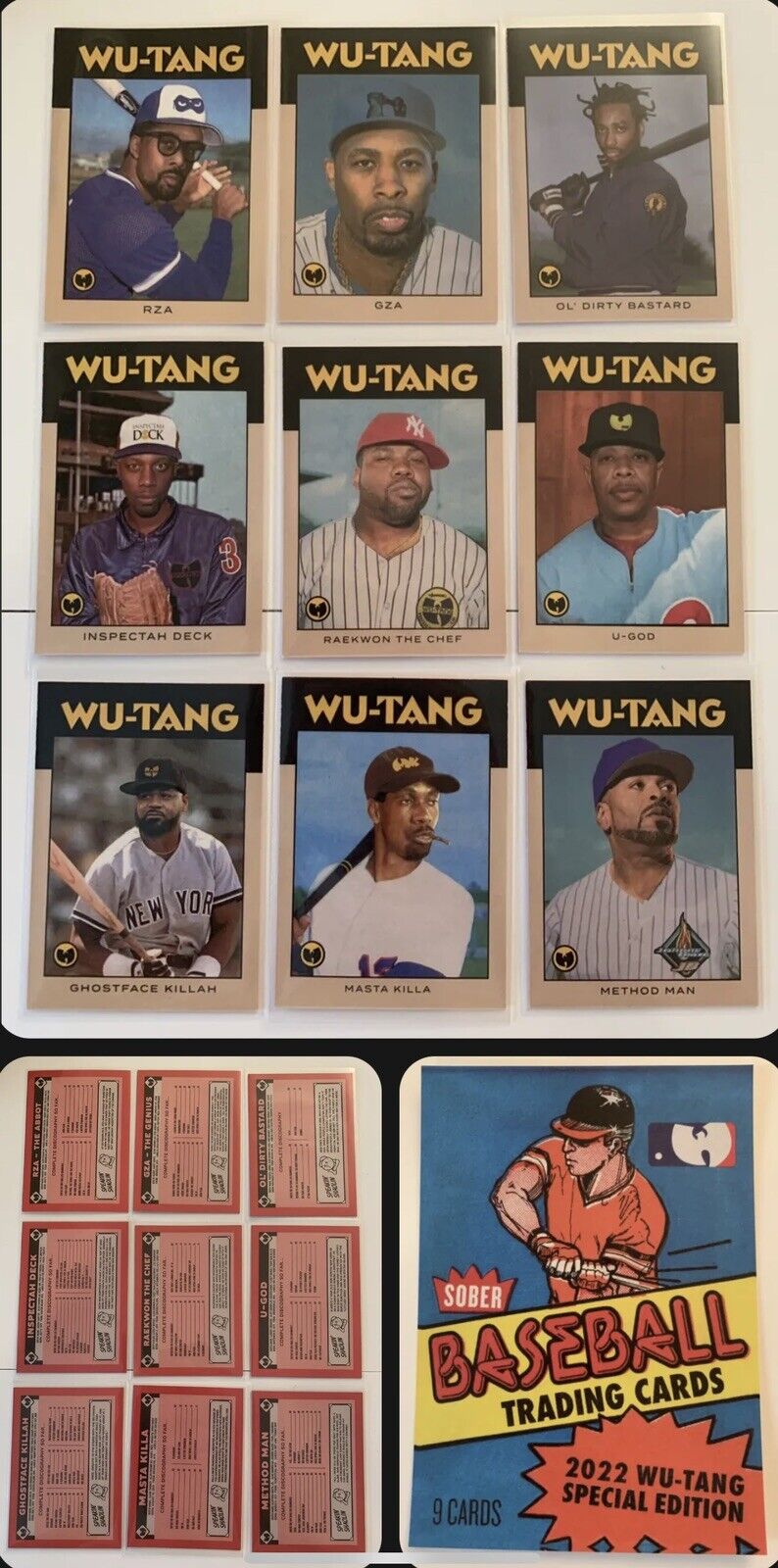 Set of 9 Wu-Tang Clan Baseball Trading Cards 1986 Topps + Postcard See Pics
