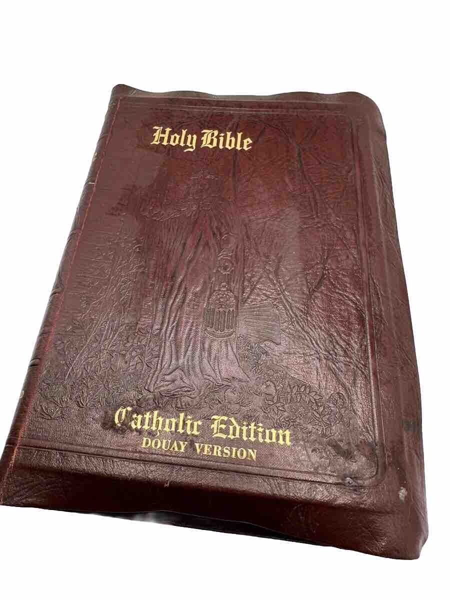 Bible The Holy Bible Catholic Douay Edition Belgium 1950’s Red Leather MCM