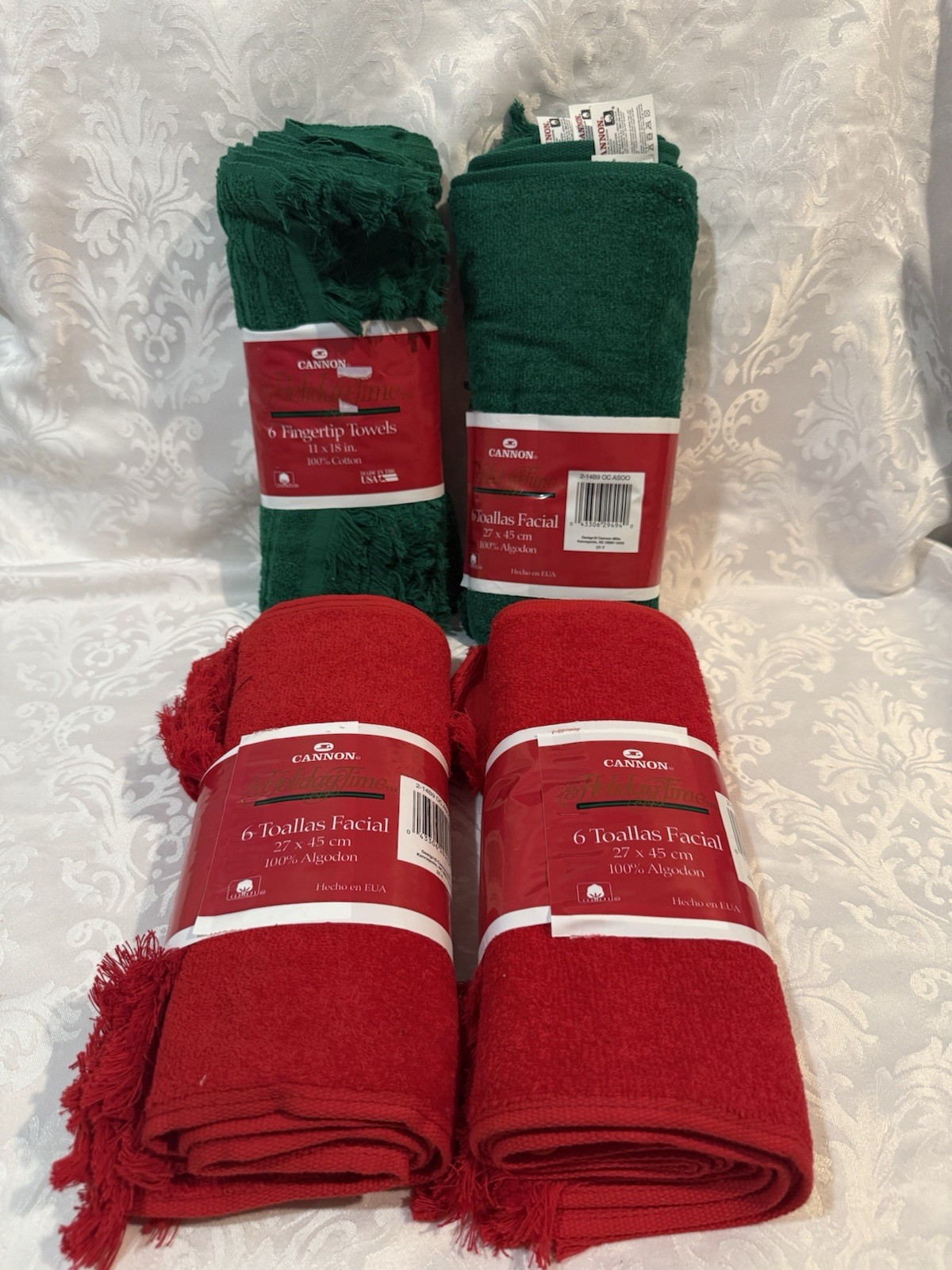 Vtg Cannon Holiday Towels 11x18” Red Green 100% Cotton Fringed Christmas Set 24