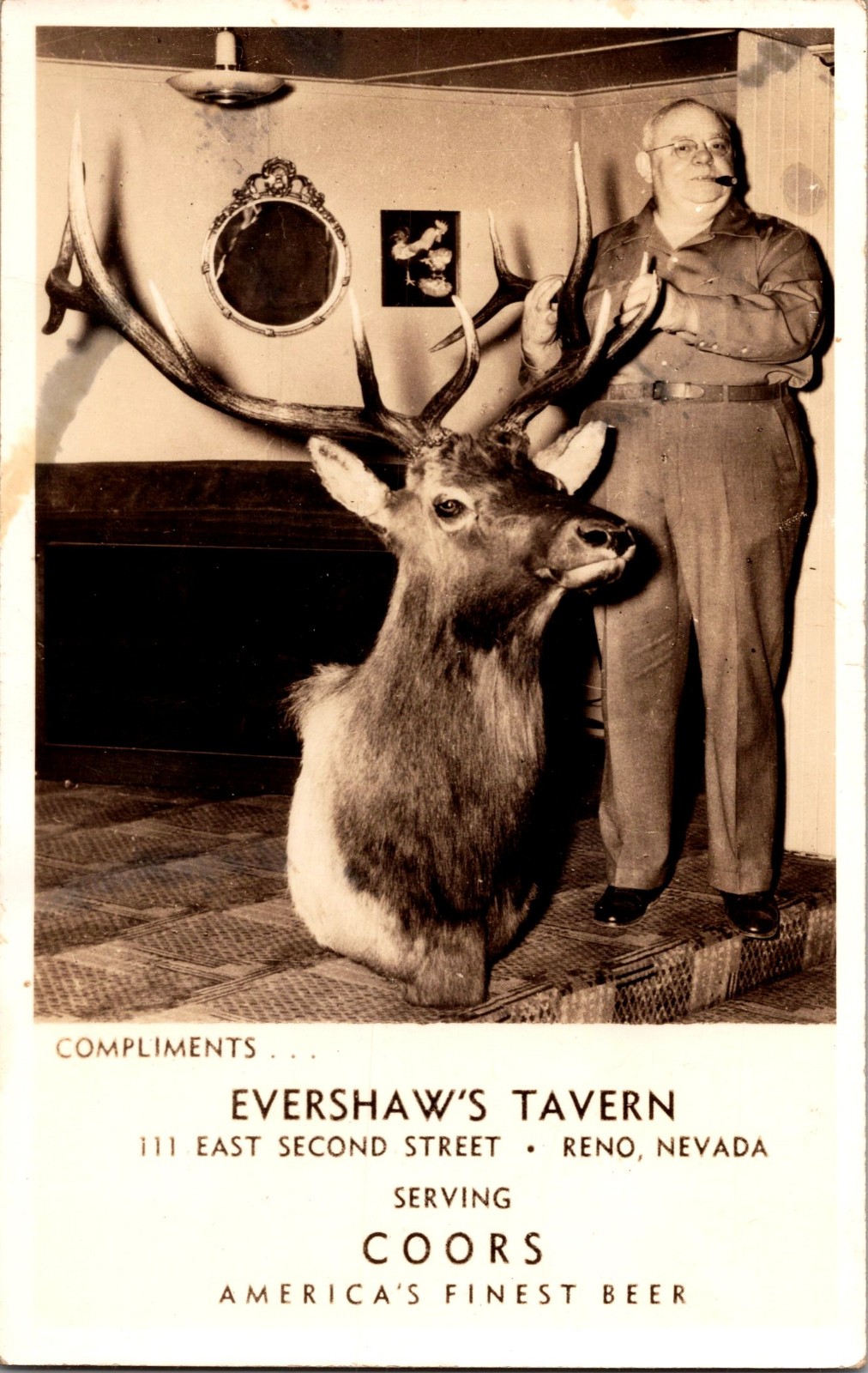 [62k] Postcard RPPC Unused, Evershaws Tavern, Reno Nevada, Taxidermy, Coors