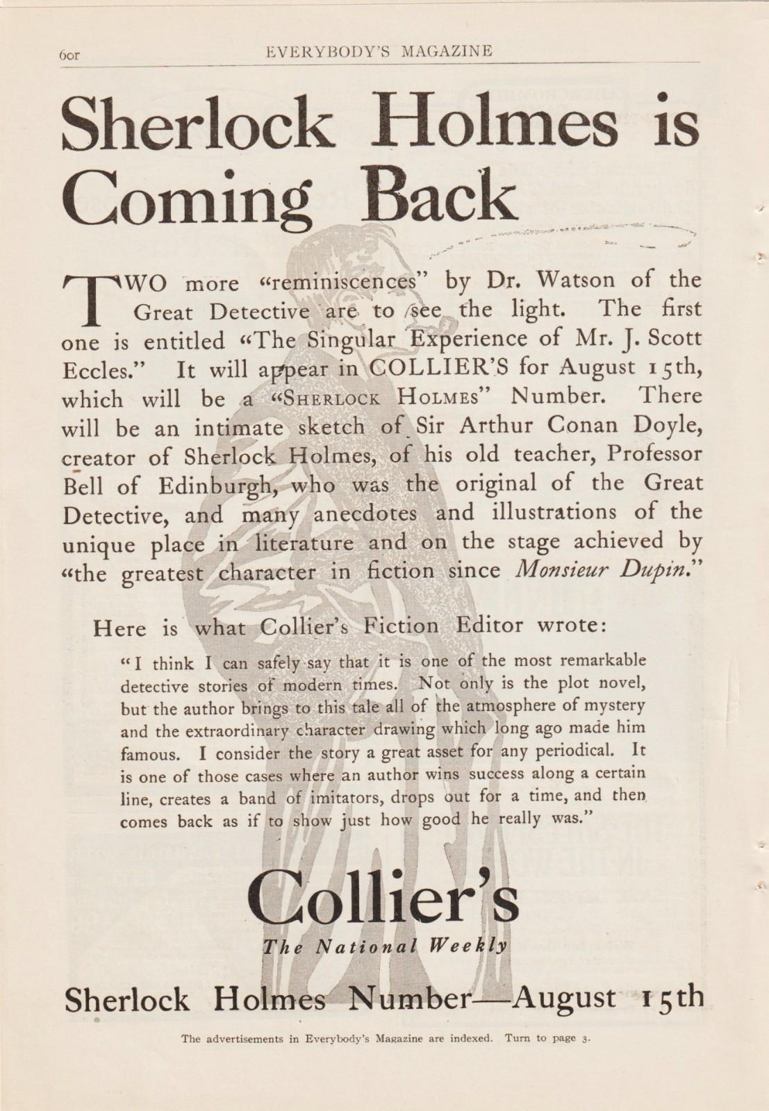 1908 COLLIER\'S SHERLOCK HOLMES IS COMING BACK AD 1908 COLLIER\'S SHERLOCK HOLMES IS COMING BACK AD