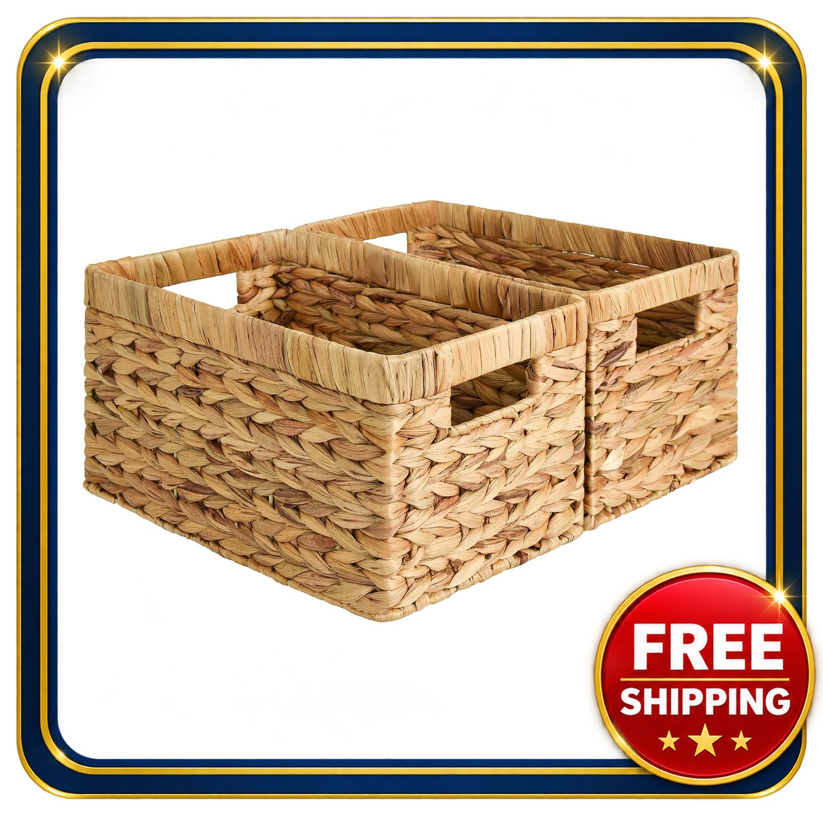 Wicker Storage Basket 2-Pack Handwoven Water Hyacinth with Handles